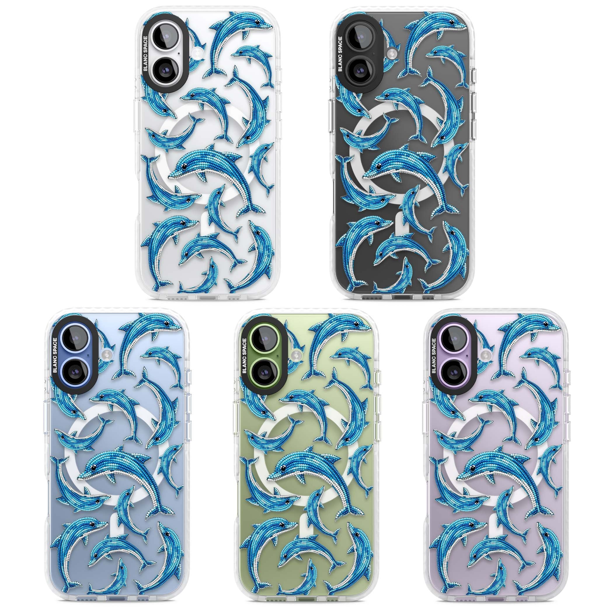Beaded Dolphins coastal iPhone case featuring beaded dolphins in blue and white swimming across a clear background | Impact Magsafe case for iPhone 17