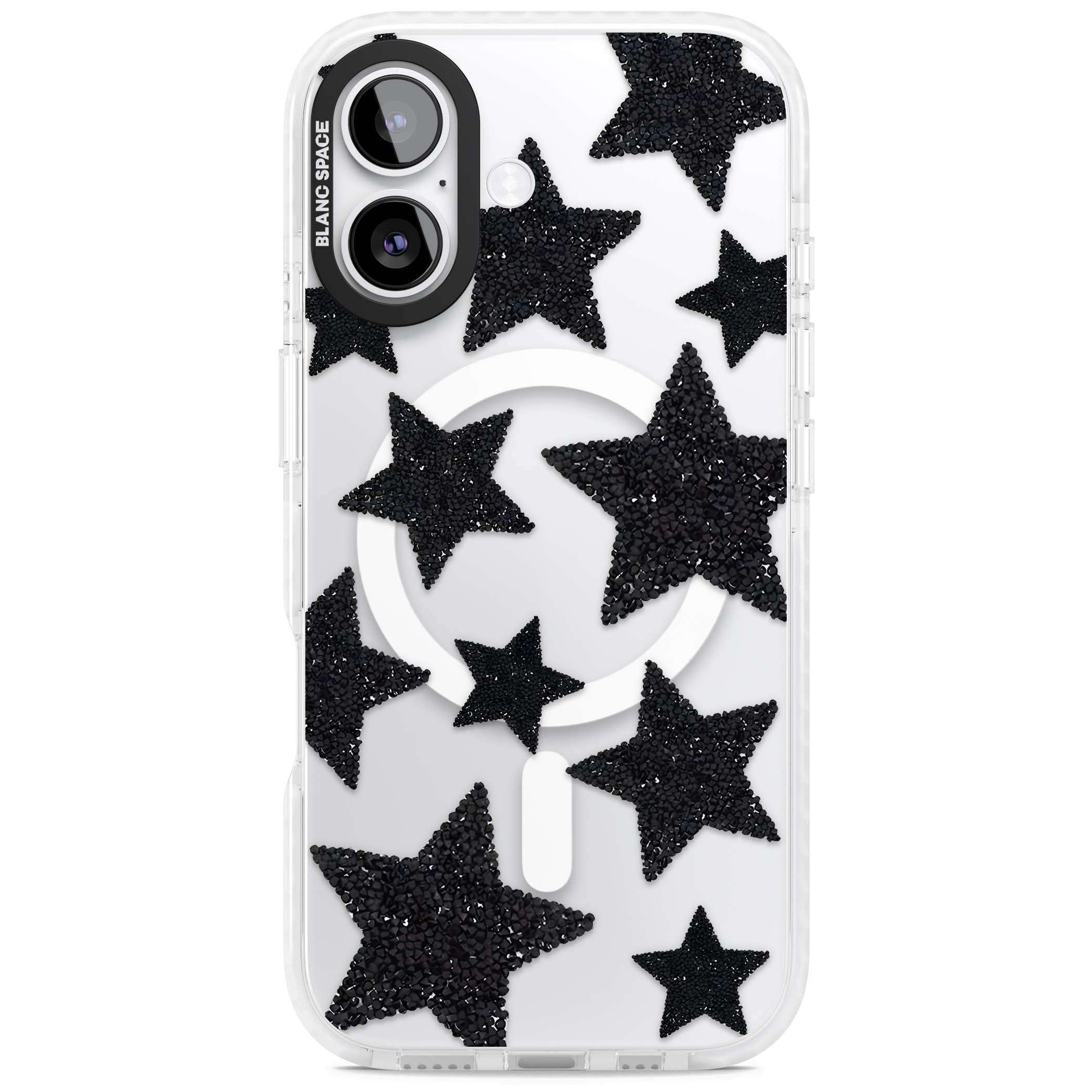 Beaded Black Stars celestial iPhone case featuring black glitter beaded stars scattered on a clear background | Impact Magsafe case for iPhone 17