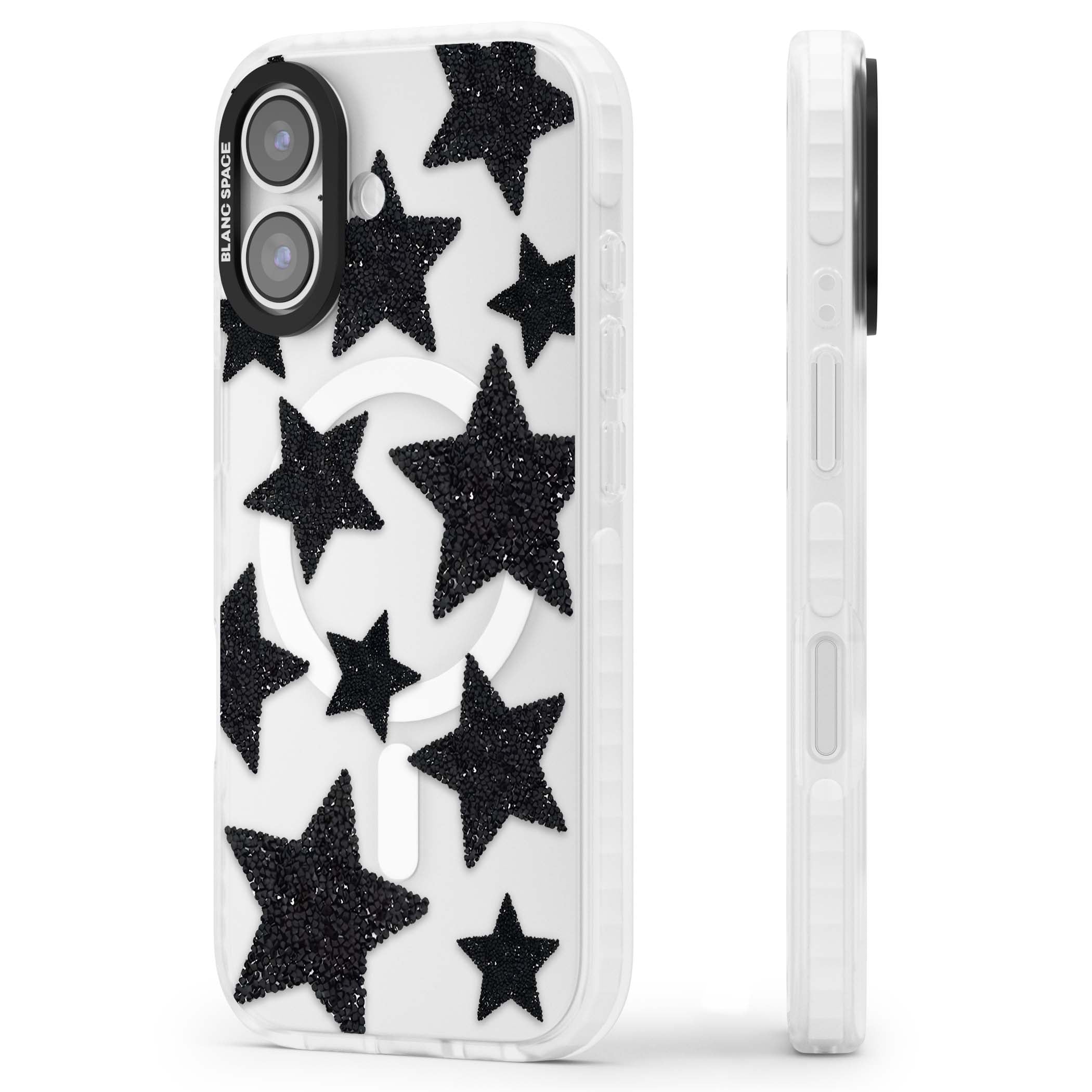 Beaded Black Stars celestial iPhone case featuring black glitter beaded stars scattered on a clear background | Impact Magsafe case for iPhone 17