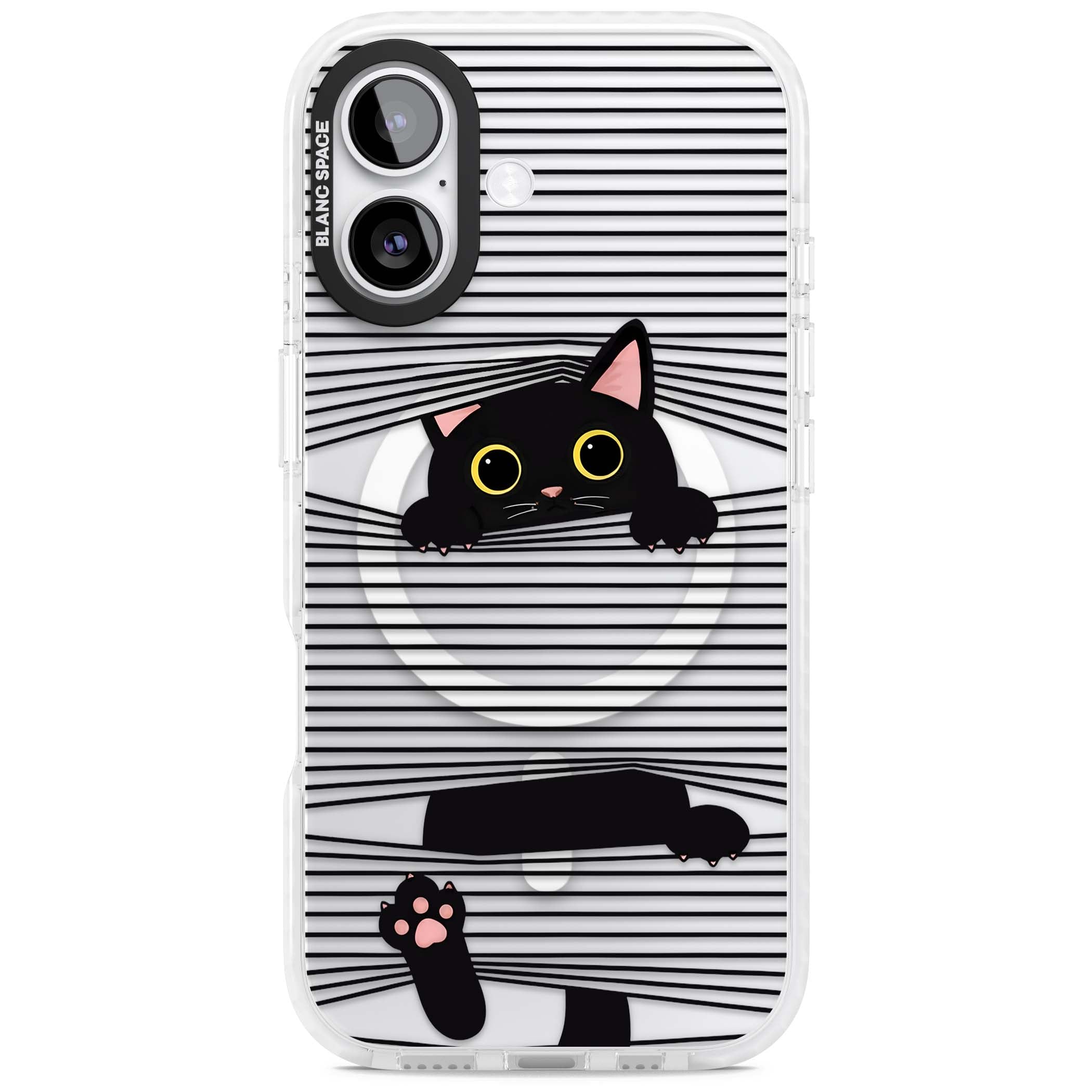 Peek-a-Boo Cat minimal iPhone case featuring black cat peeking through horizontal black and white stripes | Impact Magsafe case for iPhone 17