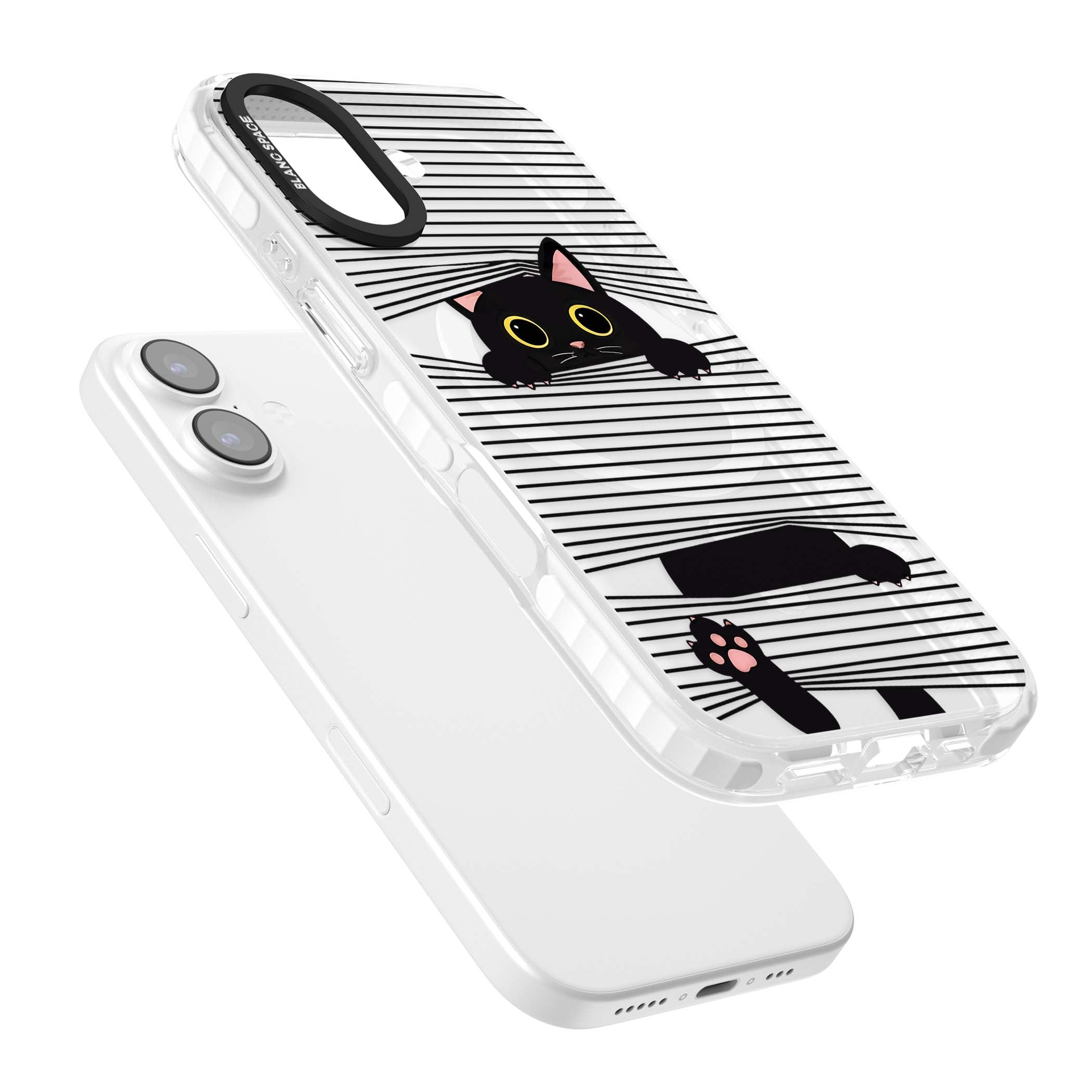 Peek-a-Boo Cat minimal iPhone case featuring black cat peeking through horizontal black and white stripes | Impact Magsafe case for iPhone 17