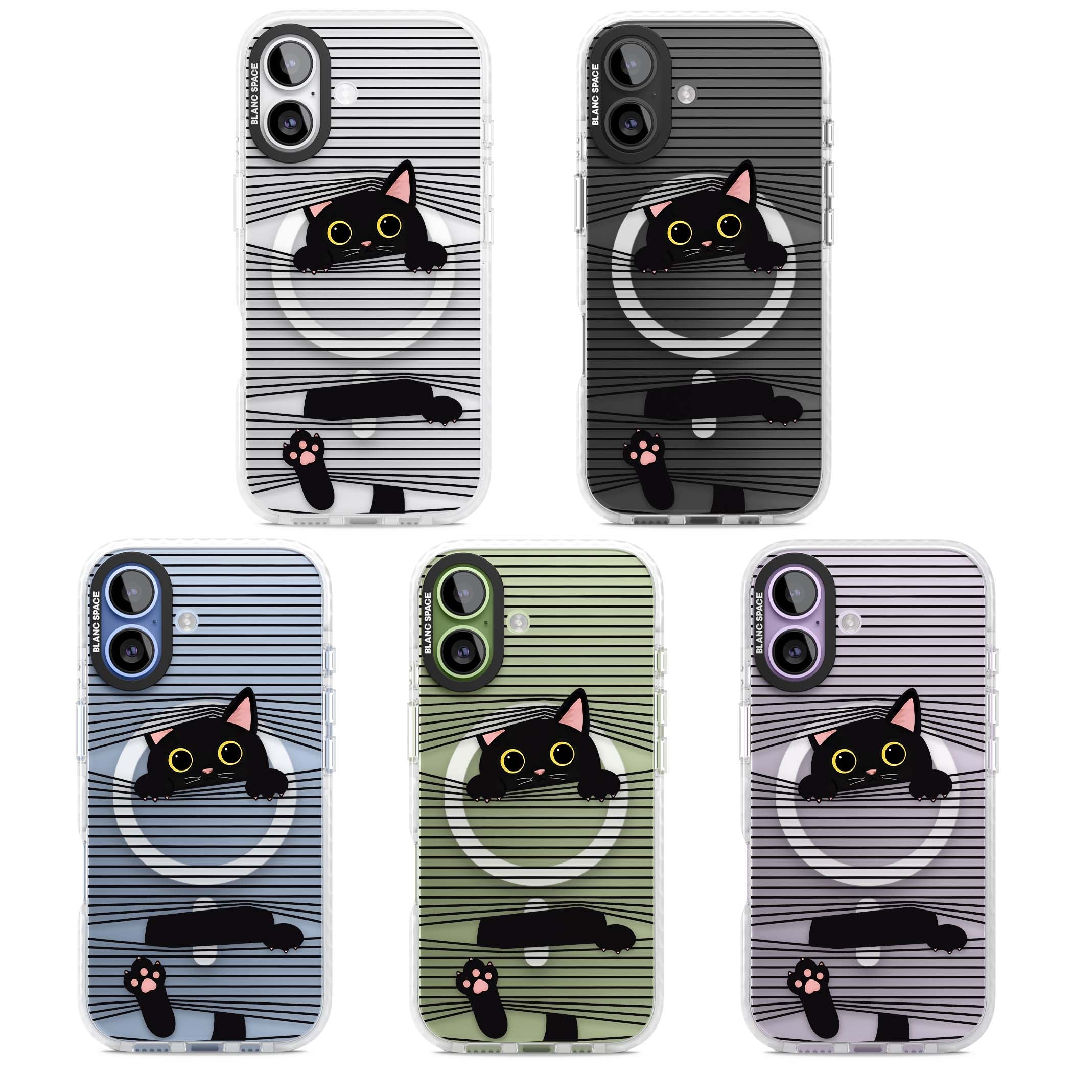 Peek-a-Boo Cat minimal iPhone case featuring black cat peeking through horizontal black and white stripes | Impact Magsafe case for iPhone 17