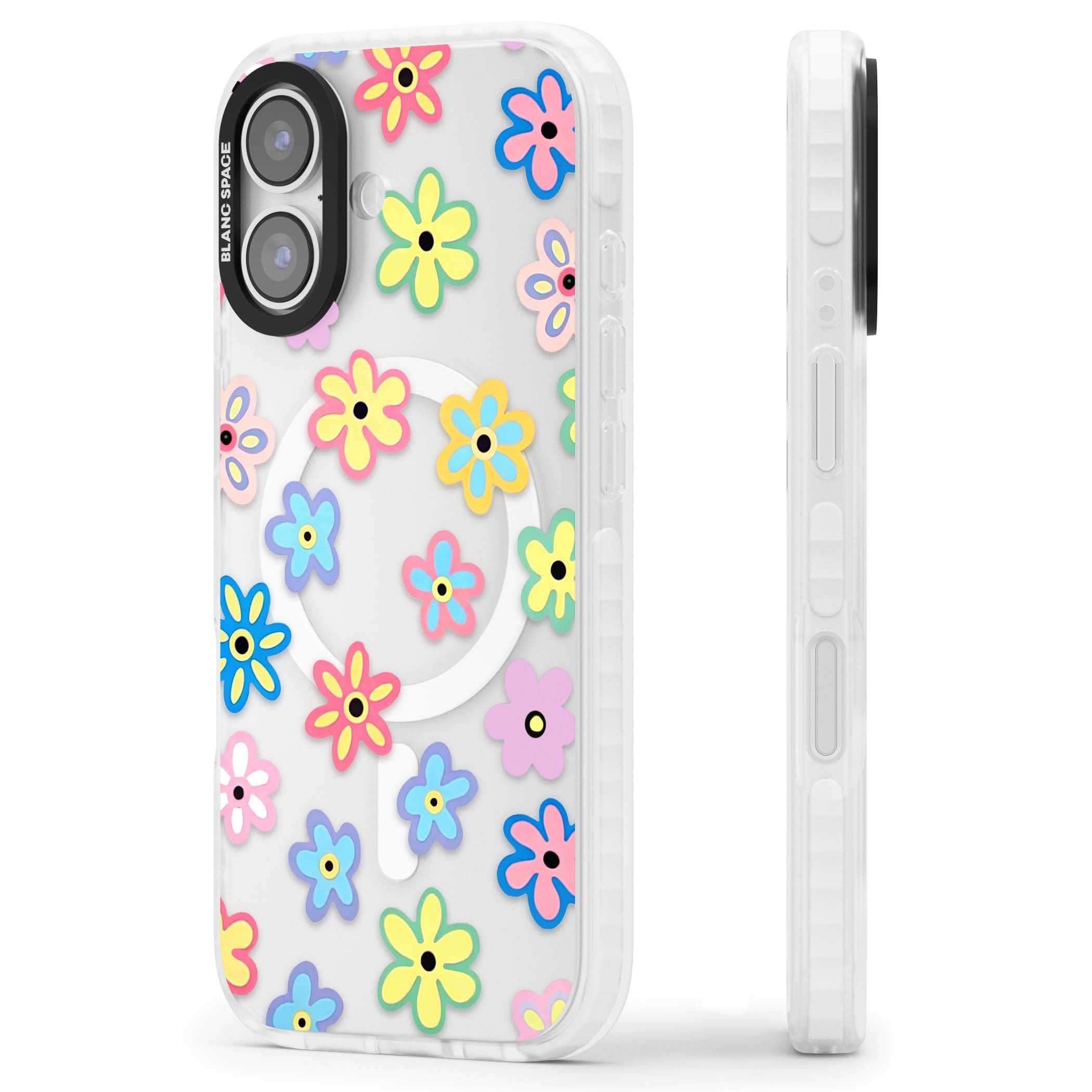 Bloom Pop cottagecore iPhone case featuring multicolor pastel flowers with black centers on clear background | Impact Magsafe case for iPhone 17