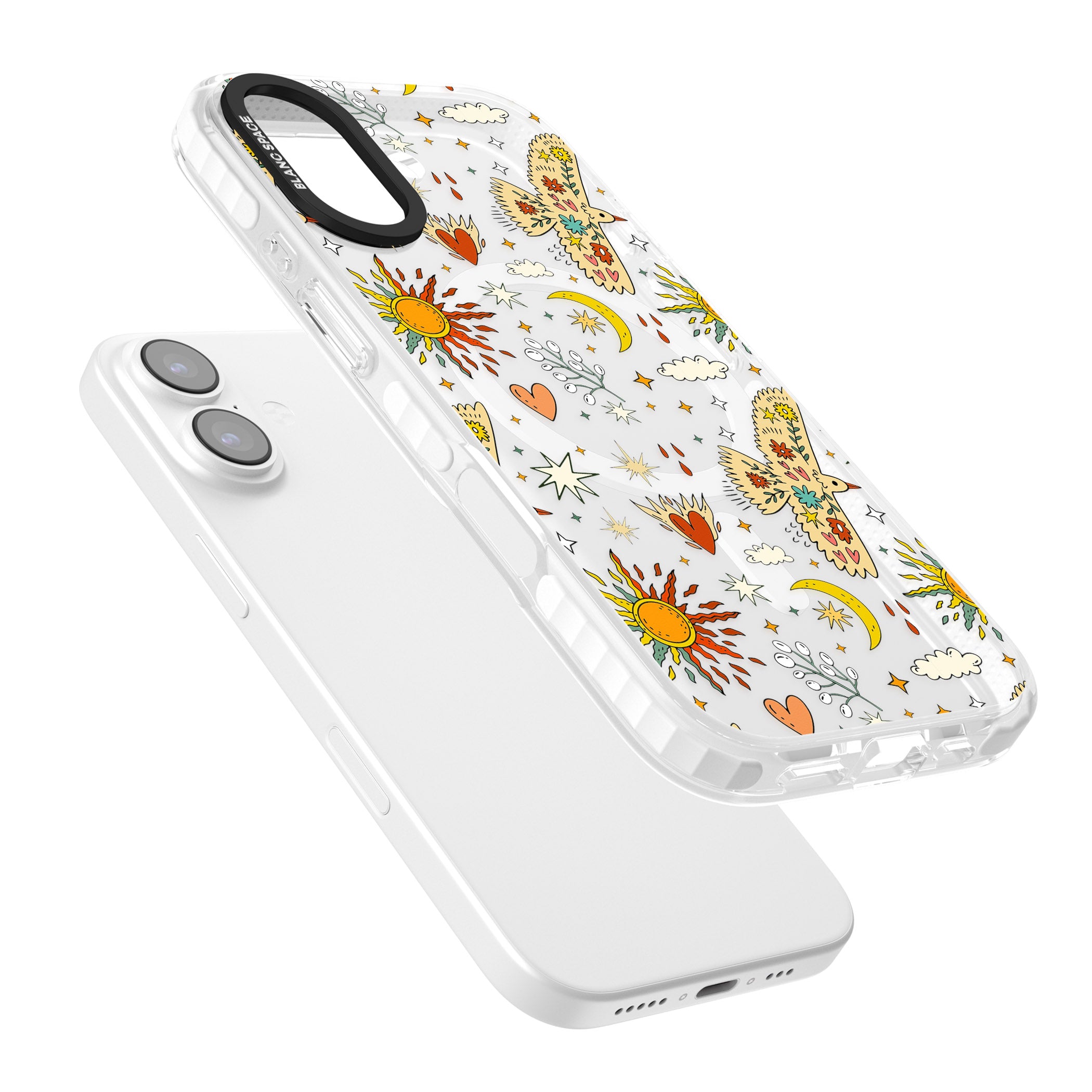 Boho Celestial Floral Bird Sun iPhone 17 Impact Pro Clear Phone Case Colours