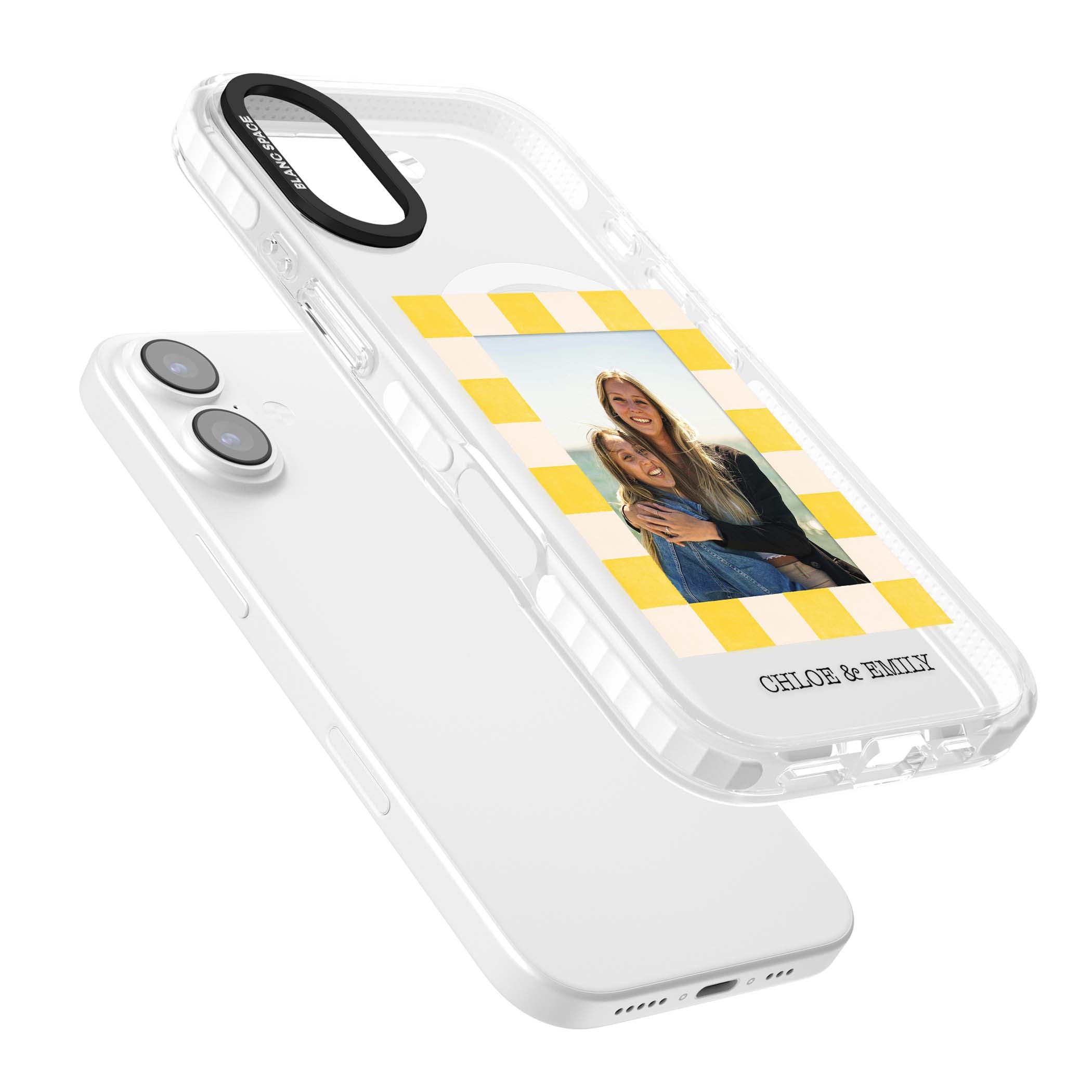 Yellow Check Photo personalised iPhone case with yellow checkered Polaroid frame and custom names beneath | Impact Magsafe case for iPhone 17