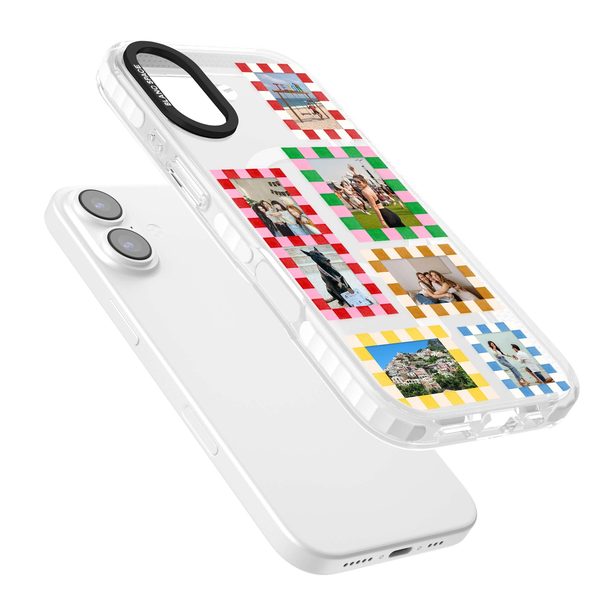 Italian Check Frames custom photo collage iPhone case featuring six checkered photo frames in red, green, pink and  | Impact Magsafe case for iPhone 17
