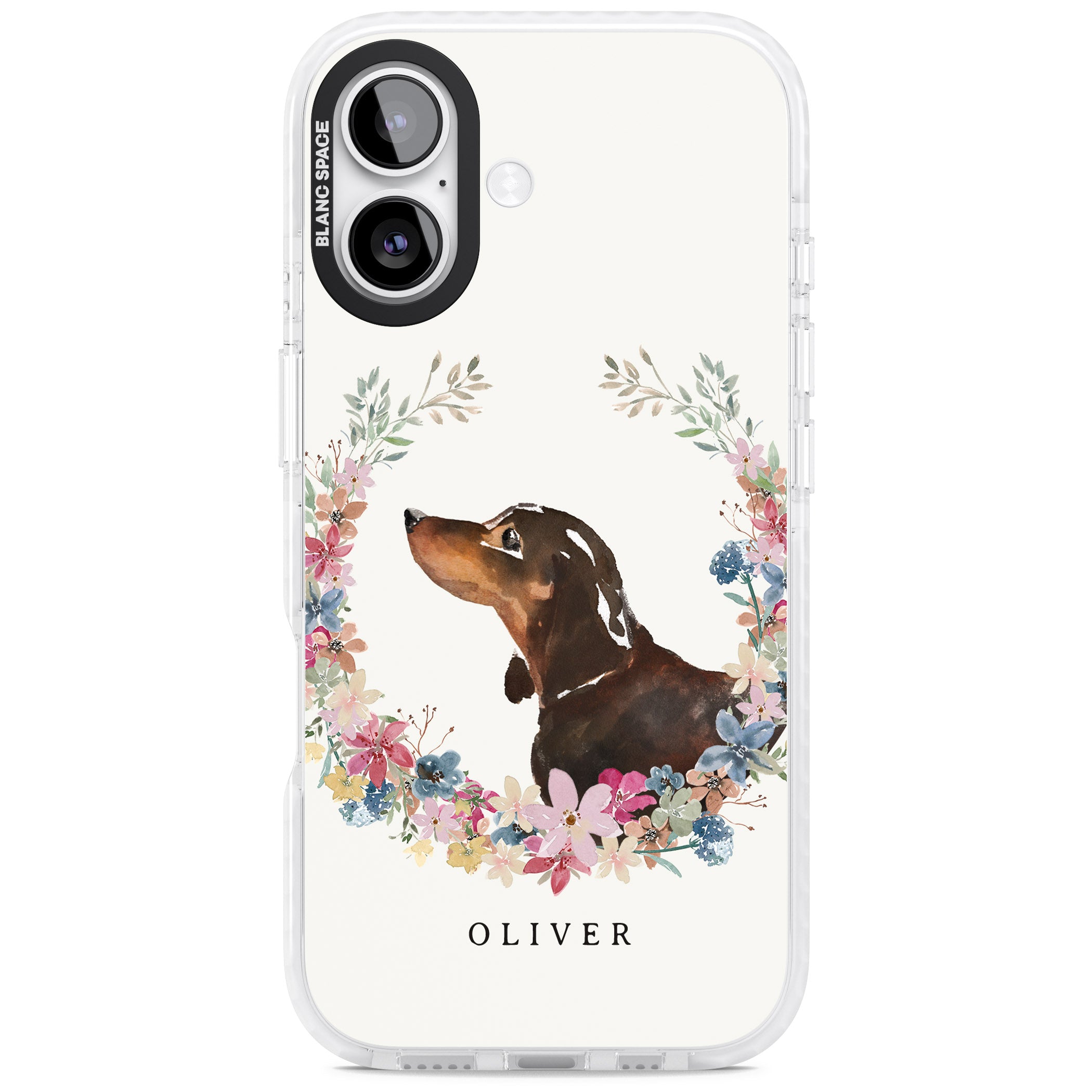 Personalised Black & Tan Dachshund Floral Portrait iPhone 17 Impact Pro Clear Phone Case