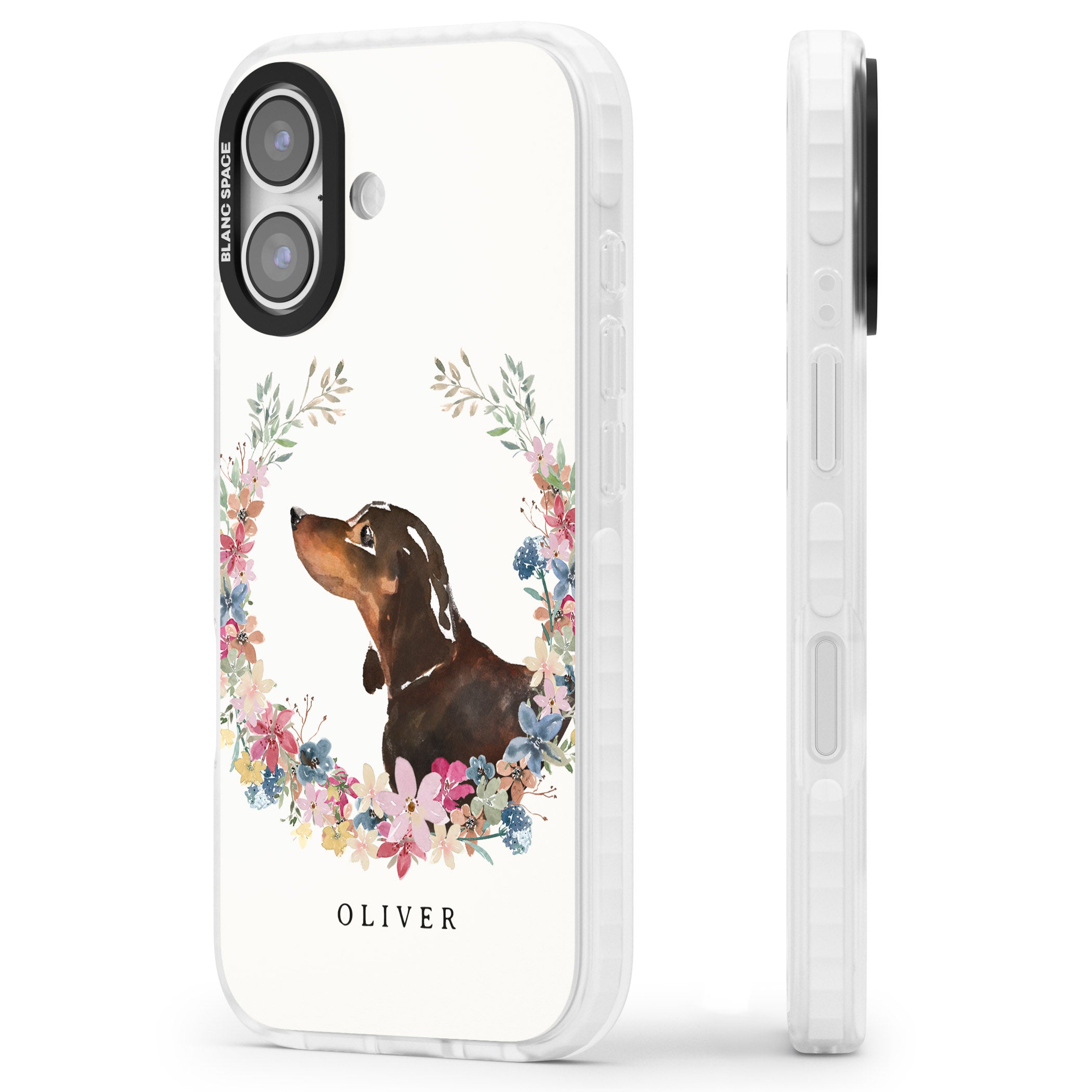 Personalised Black & Tan Dachshund Floral Portrait iPhone 17 Impact Pro Clear Phone Case Side Profile