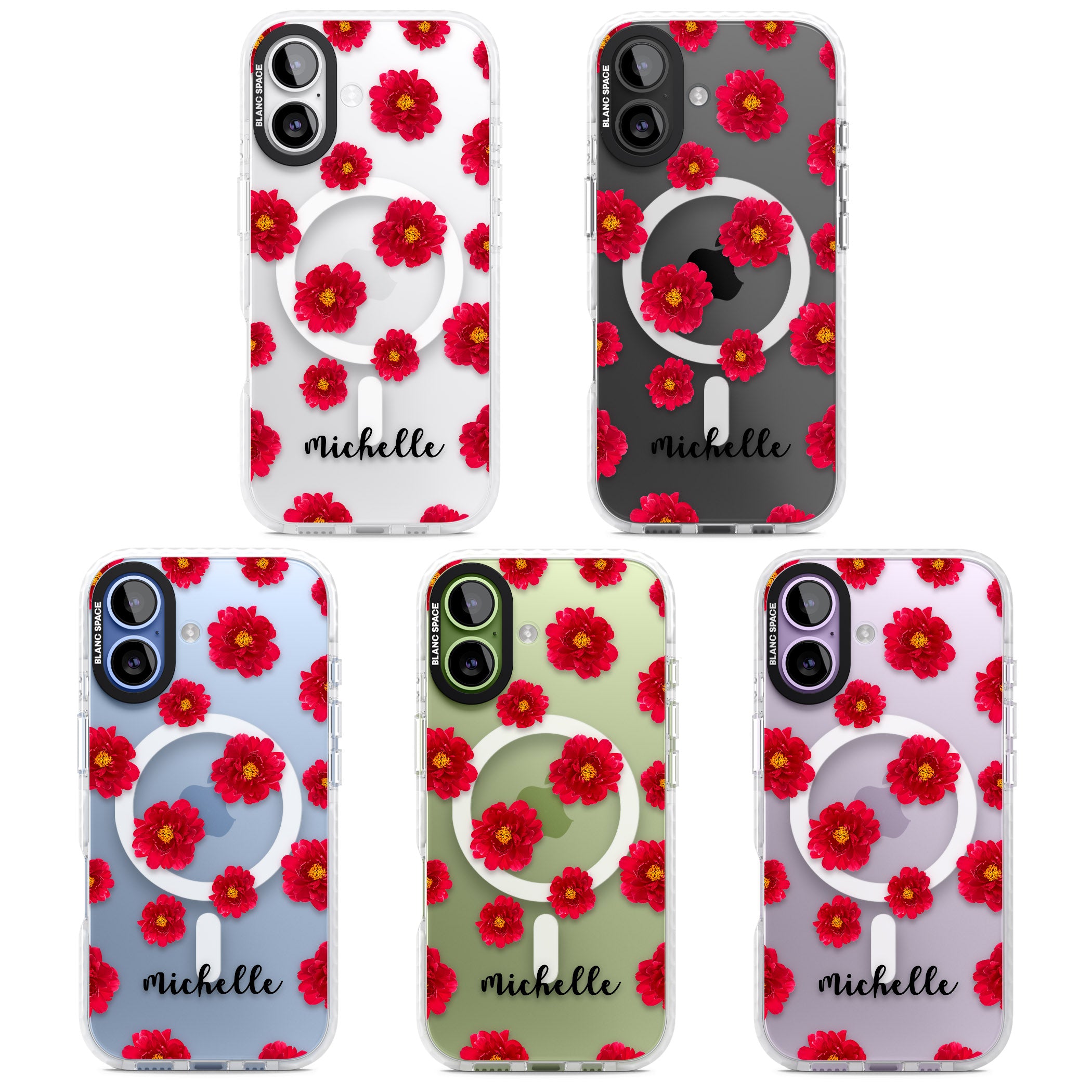 Personalised Red Peonies & Cursive iPhone 17 Impact Pro Clear Phone Case APT Impact Protection