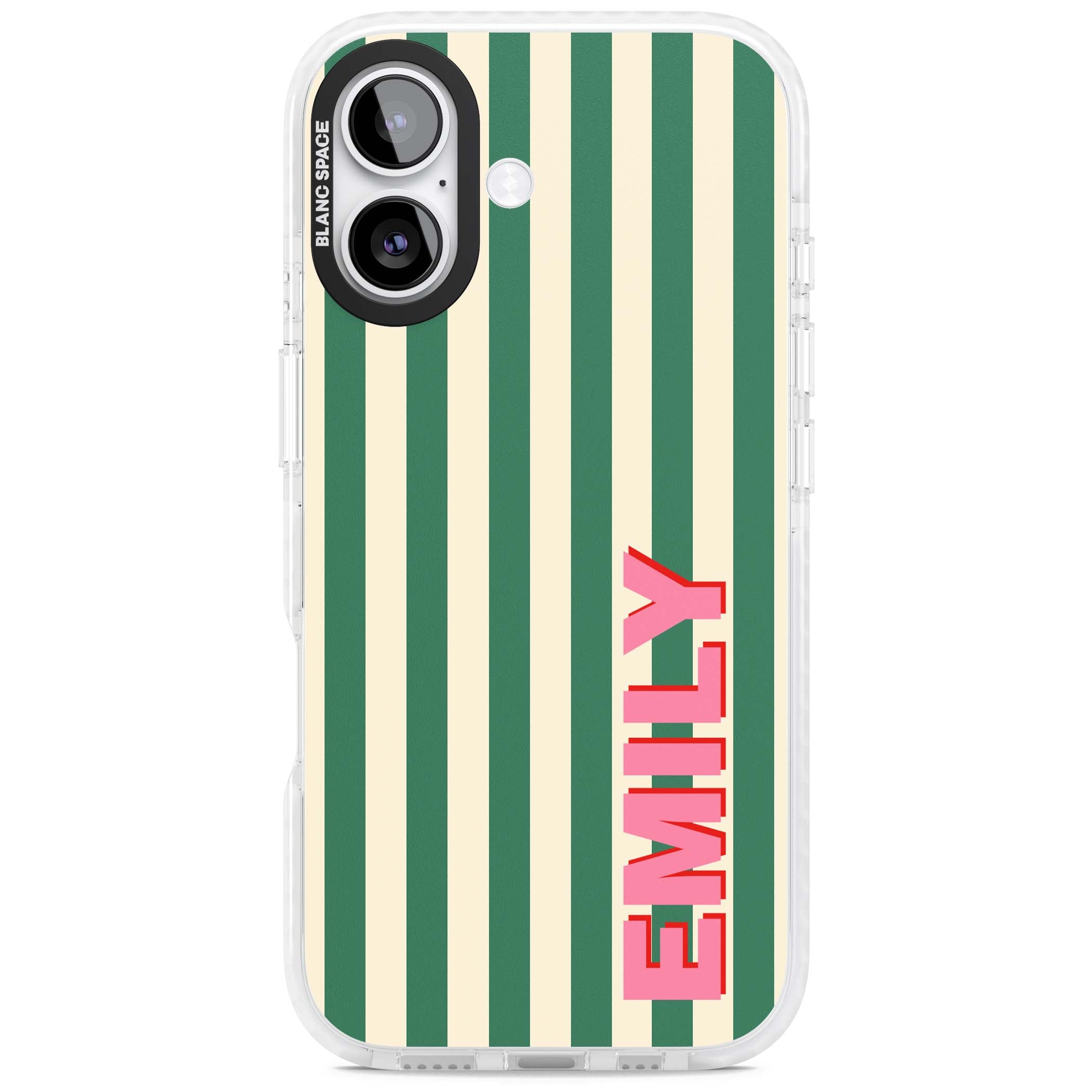 Wimbledon Stripe preppy iPhone case featuring green and cream vertical stripes with a personalised pink name | Impact Magsafe case for iPhone 17