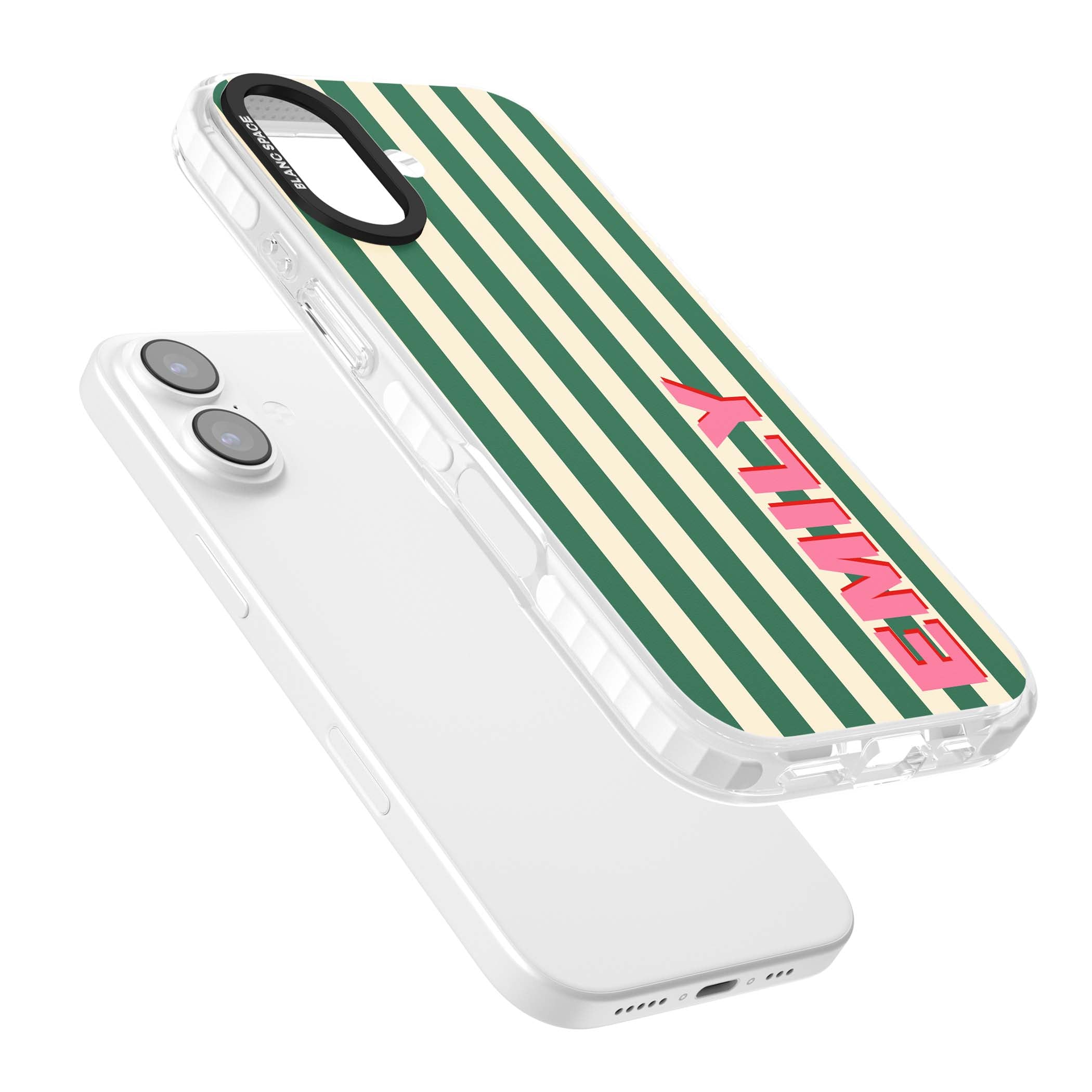 Wimbledon Stripe preppy iPhone case featuring green and cream vertical stripes with a personalised pink name | Impact Magsafe case for iPhone 17