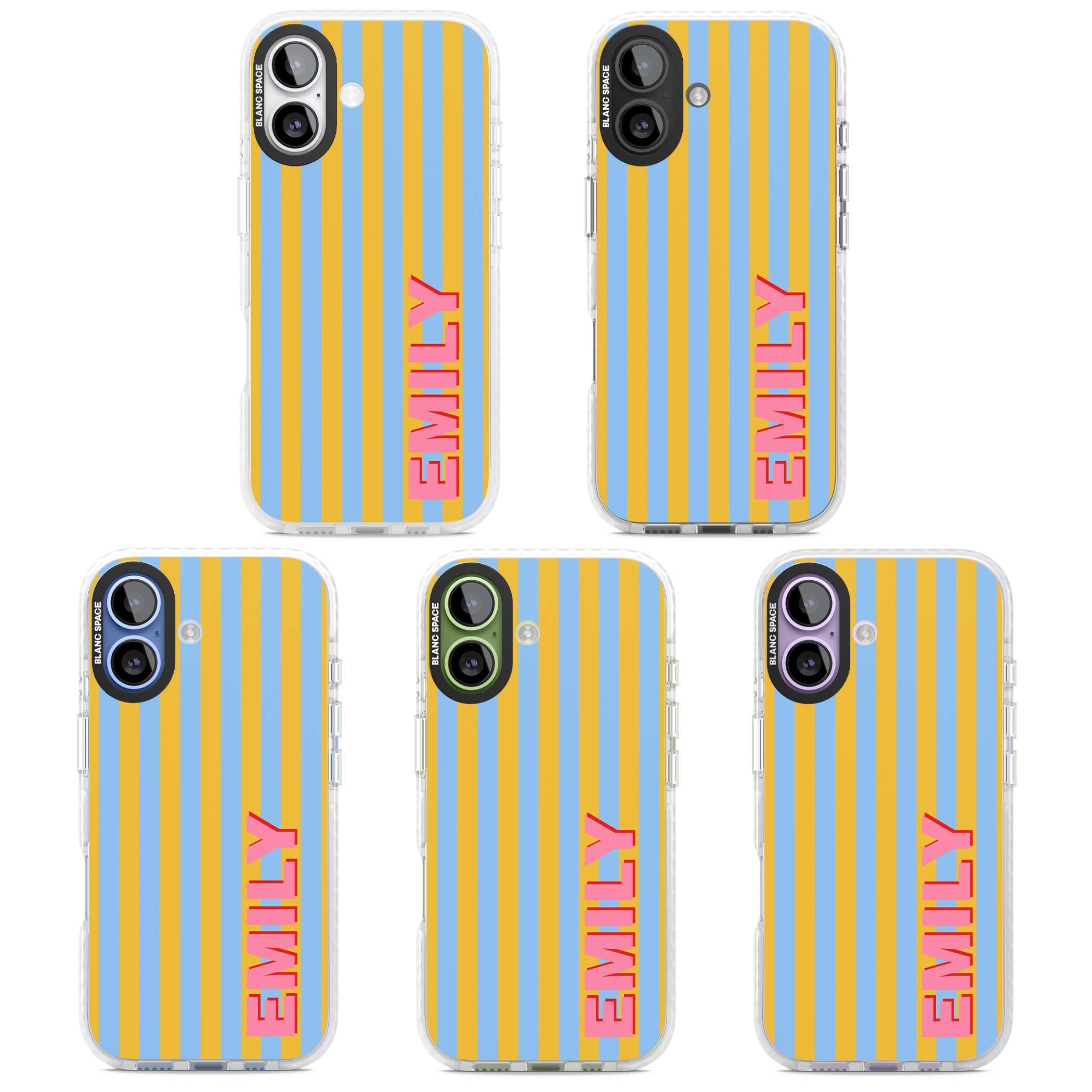Carribean Stripe personalised coastal iPhone case with yellow and blue vertical stripes and a custom pink name | Impact Magsafe case for iPhone 17