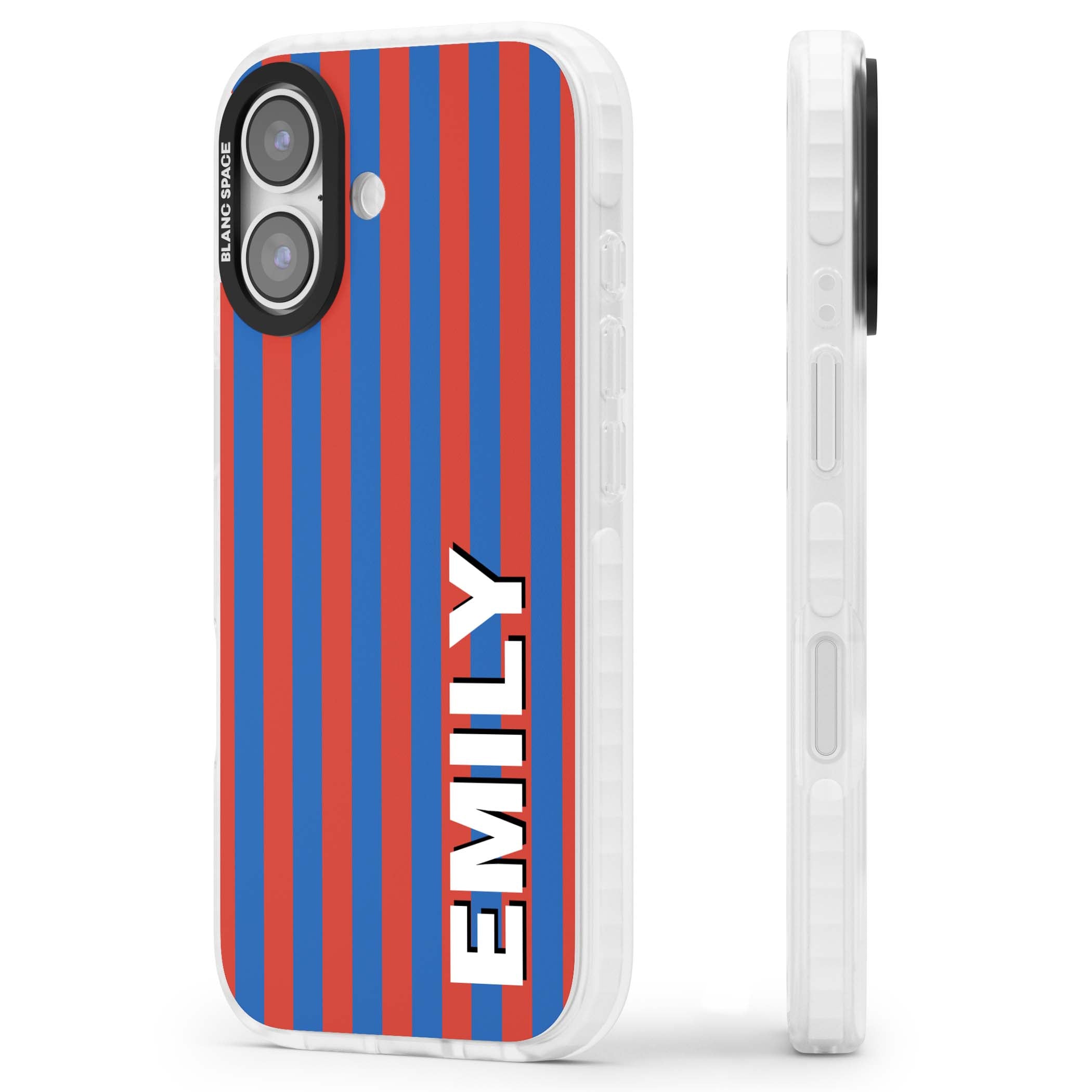Cuban Stripe personalised iPhone case featuring red and blue vertical stripes with custom name in bold white letters | Impact Magsafe case for iPhone 17