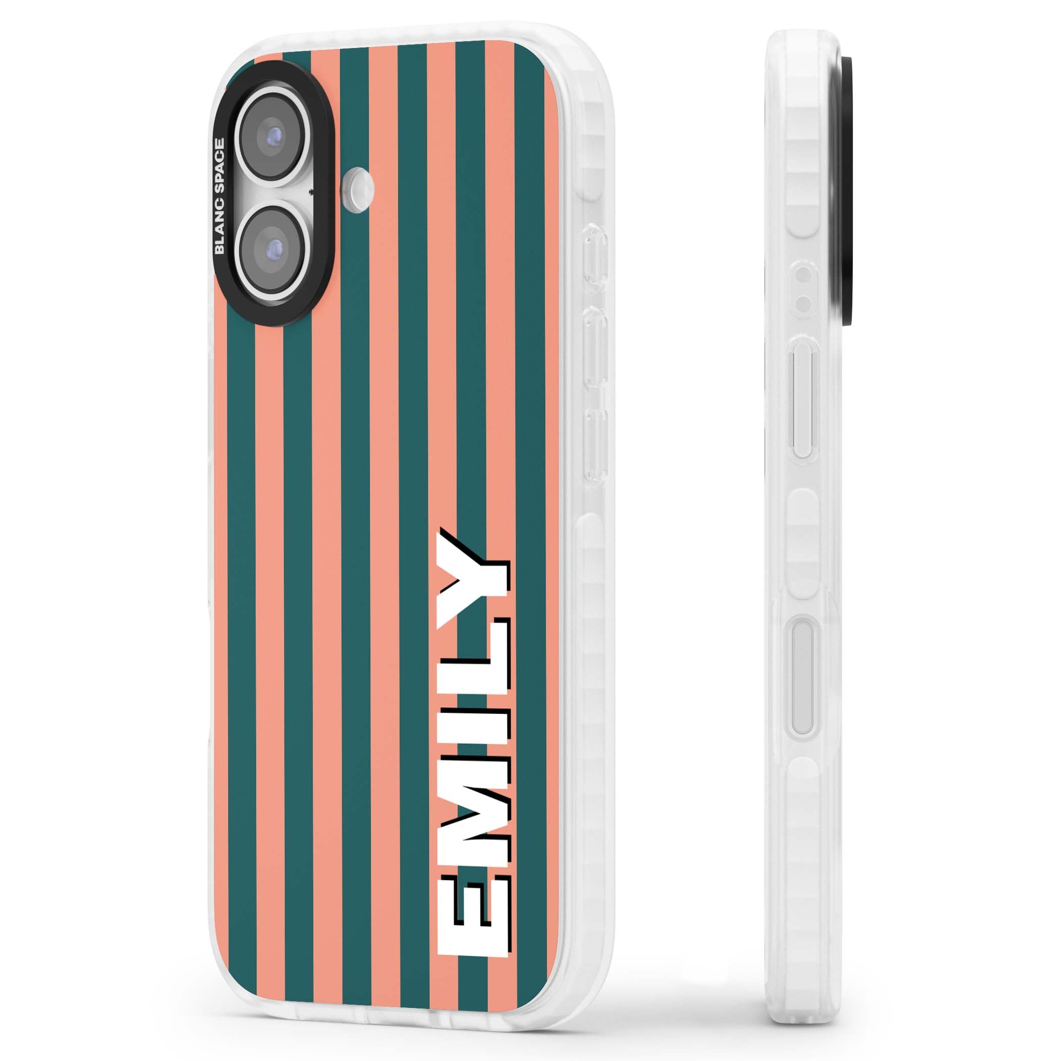 Tuscan Stripe personalised iPhone case featuring coral and green vertical stripes with bold custom name | Impact Magsafe case for iPhone 17