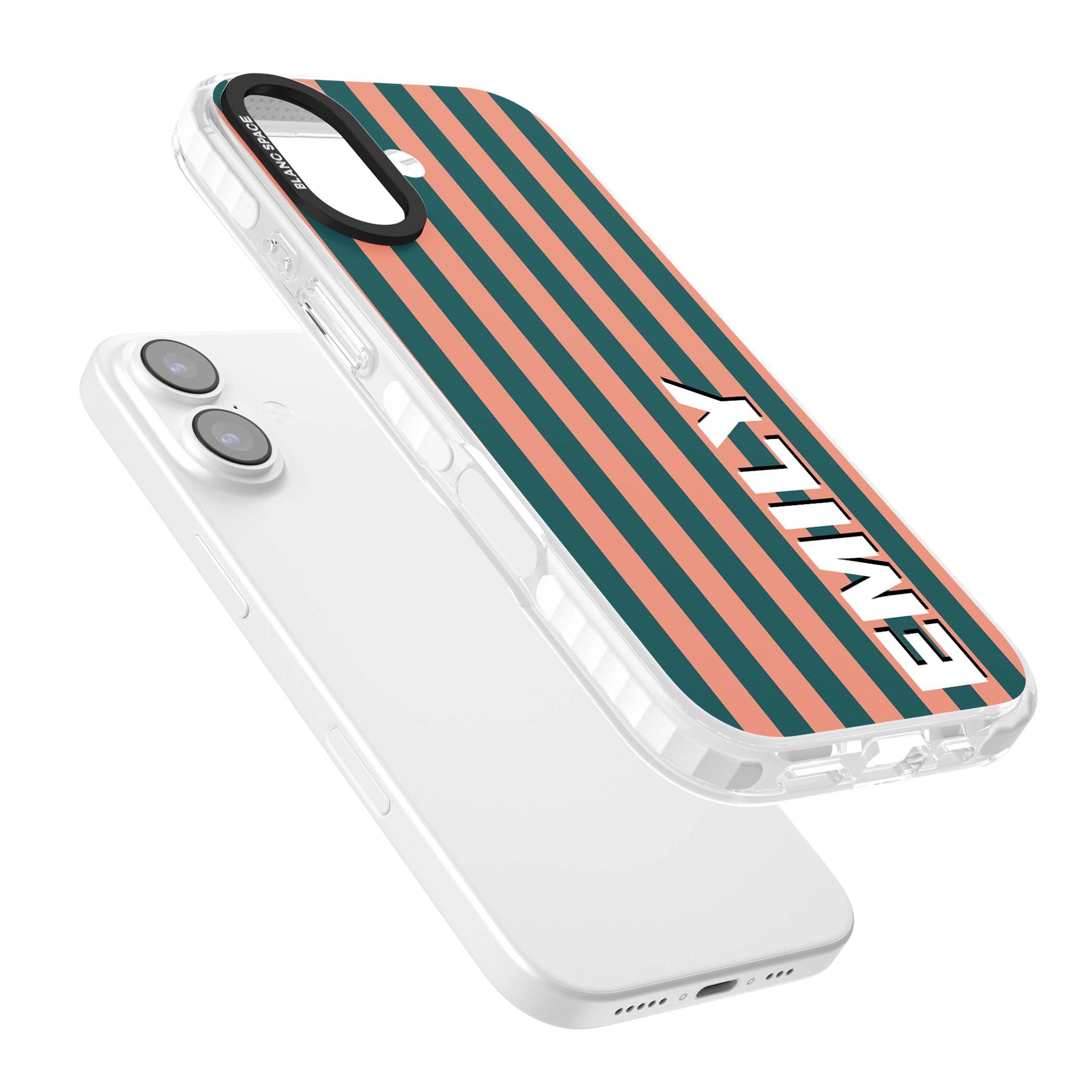 Tuscan Stripe personalised iPhone case featuring coral and green vertical stripes with bold custom name | Impact Magsafe case for iPhone 17