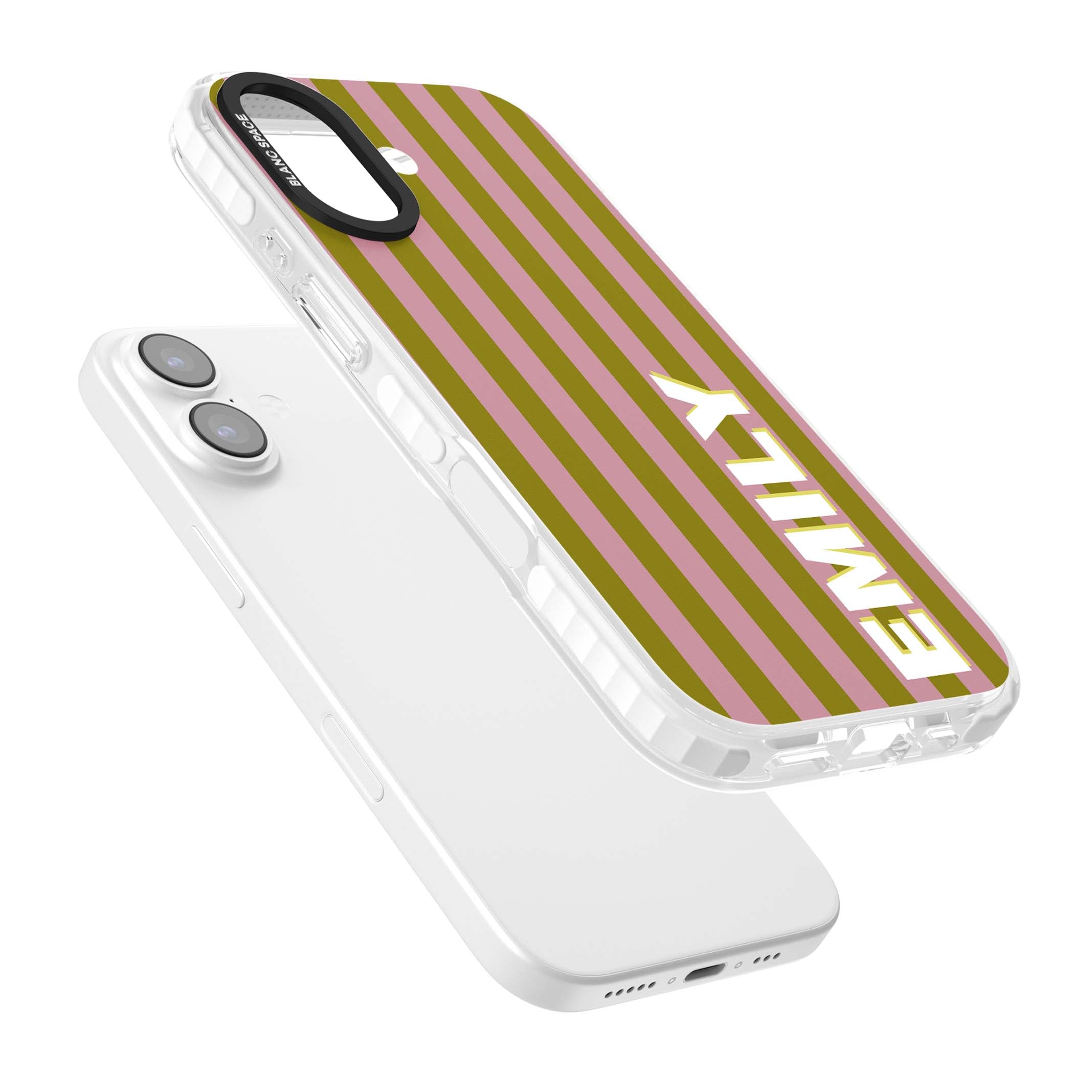 Istanbul Stripe personalised iPhone case featuring pink and olive green vertical stripes with a custom vertical name | Impact Magsafe case for iPhone 17