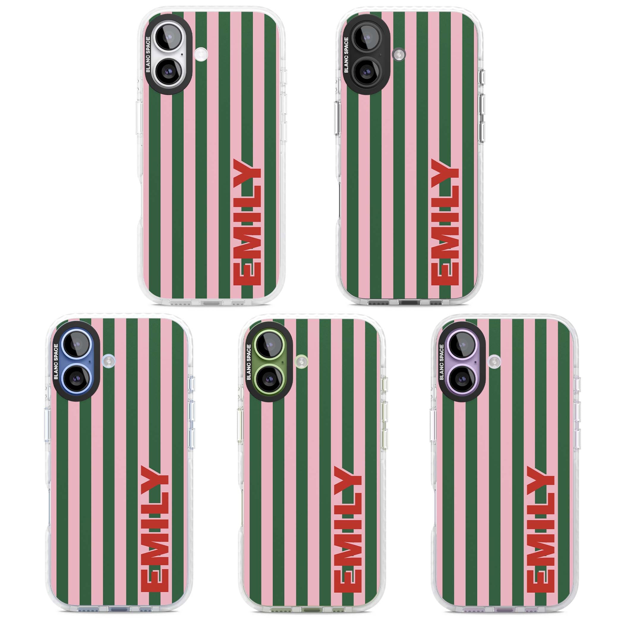 Italian Stripe preppy iPhone case featuring pink and green vertical stripes with personalised red name | Impact Magsafe case for iPhone 17