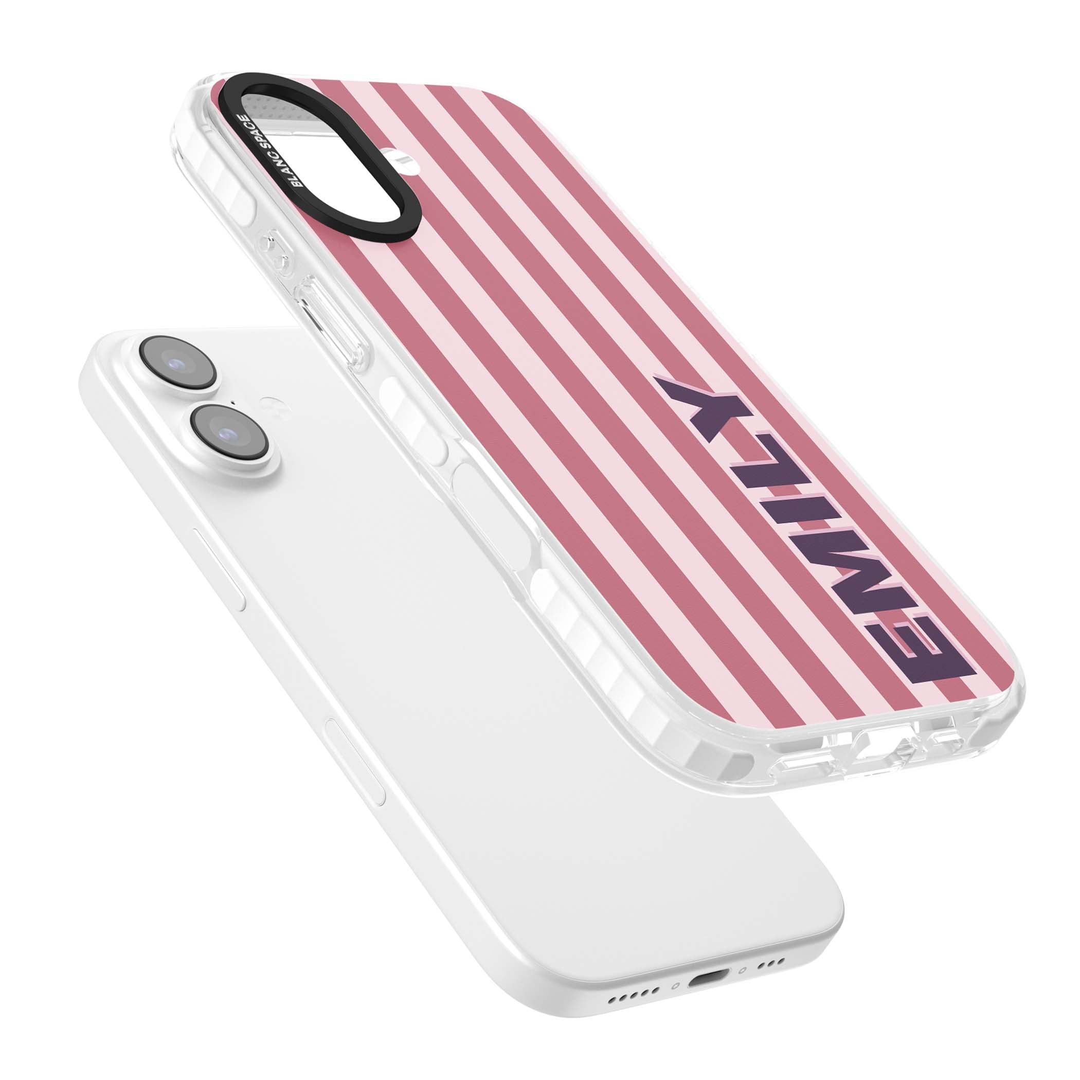 Victoria Stripe personalised iPhone case featuring pink vertical stripes and custom name in bold plum lettering | Impact Magsafe case for iPhone 17