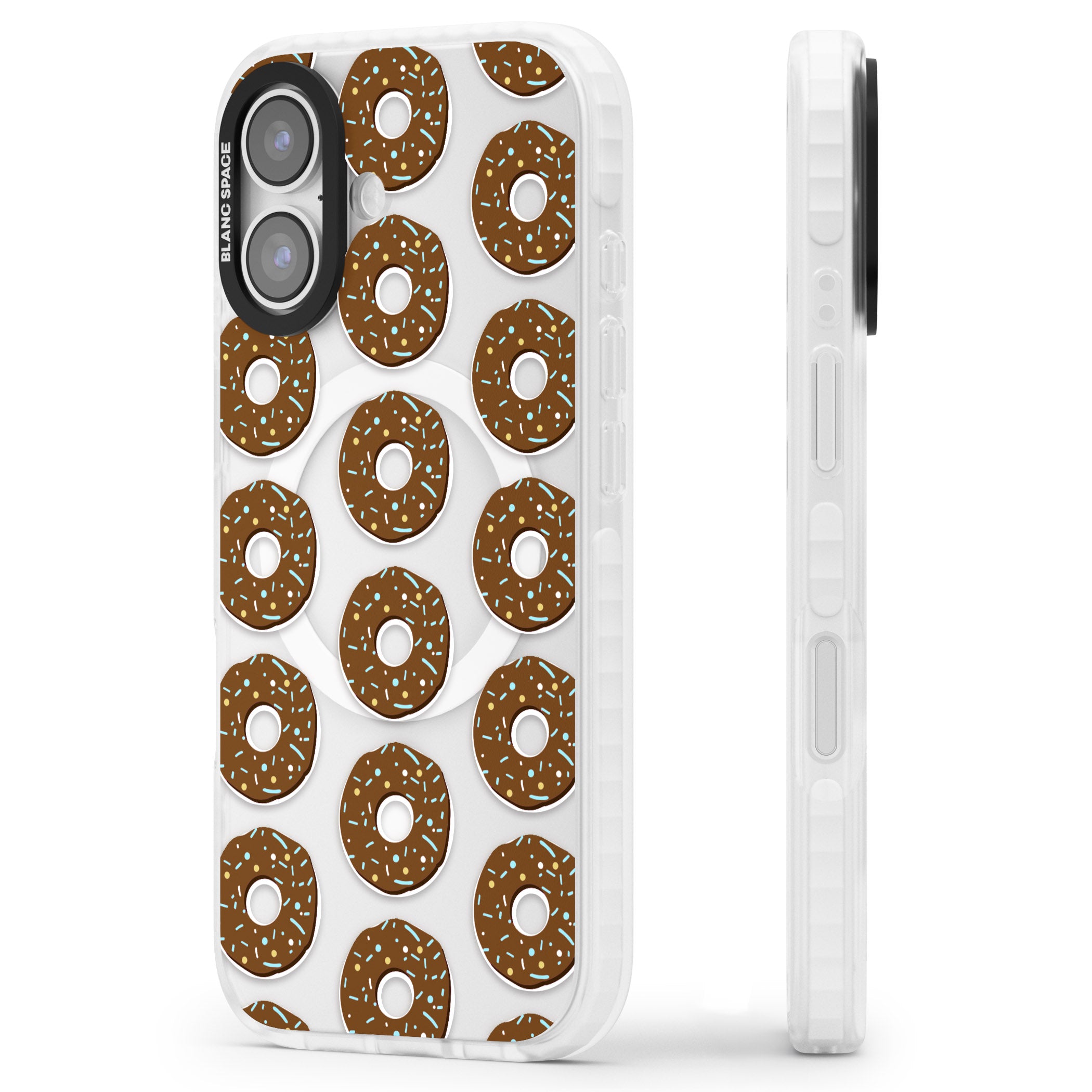 Chocolate Donut Pattern iPhone 17 Impact Pro Clear Phone Case Side Profile