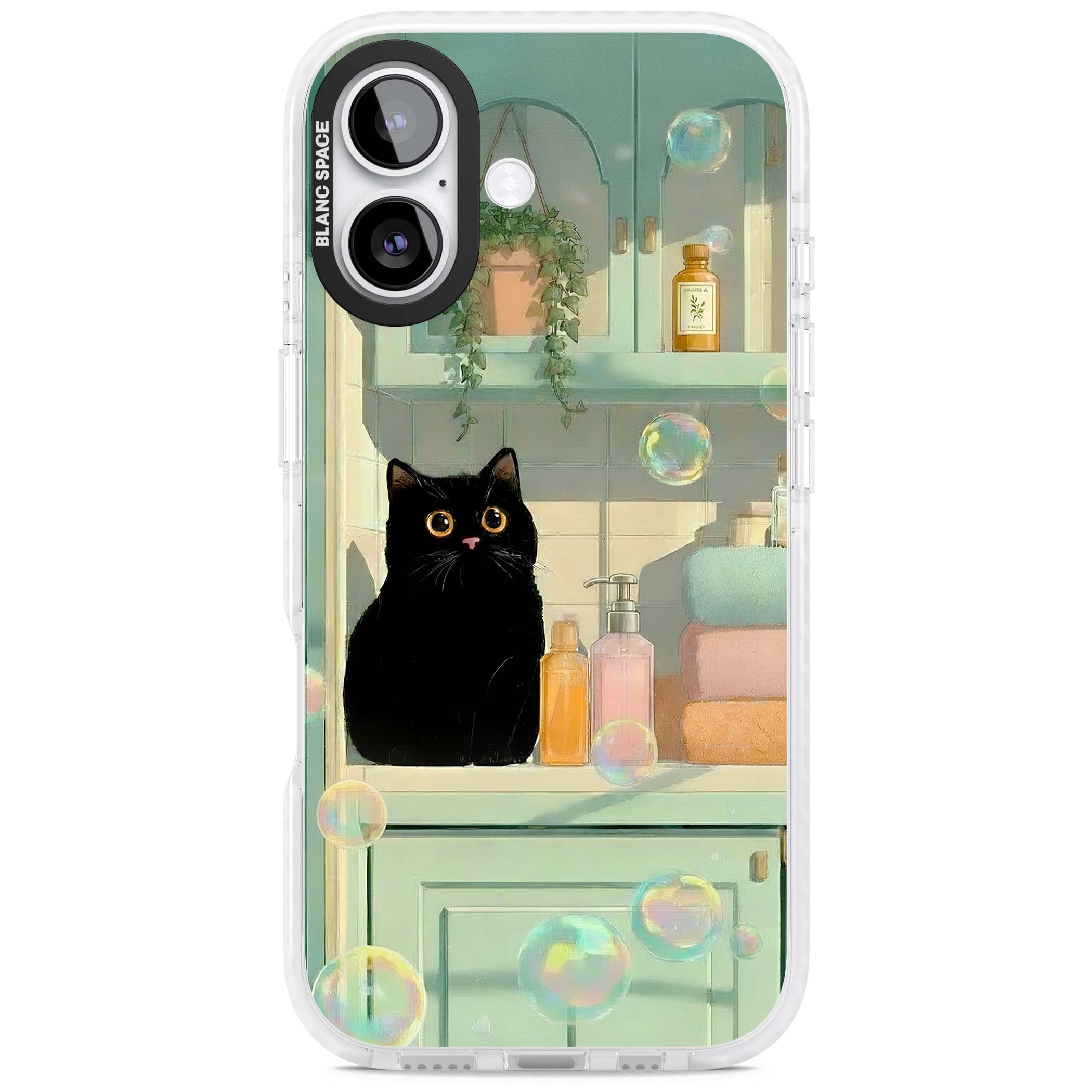 Bathroom Bubble Kitty cottagecore iPhone case featuring a black cat, mint bathroom scene and floating soap bubbles | Impact Magsafe case for iPhone 17