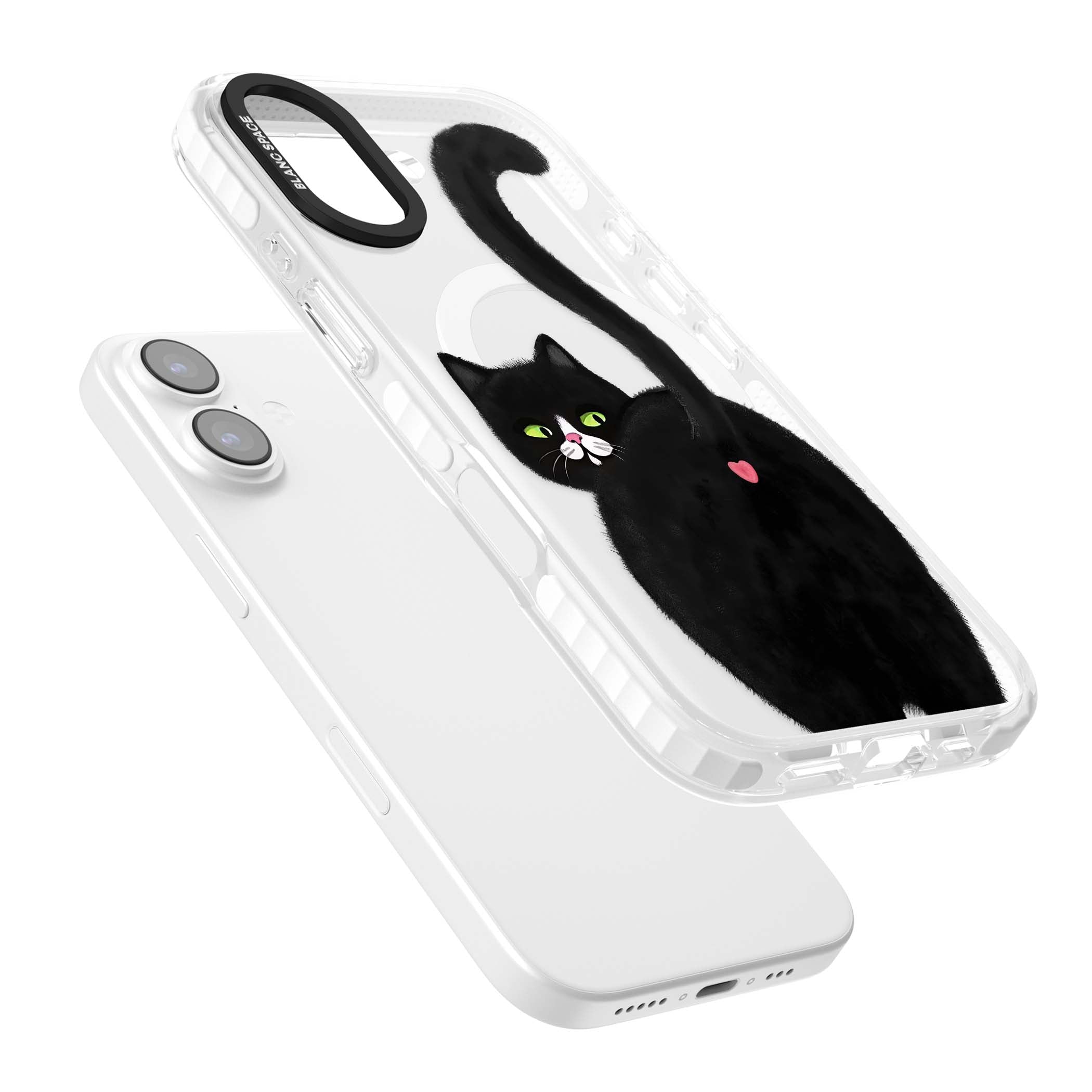 The Cat's Kiss cute cat iPhone case featuring a hand-painted tuxedo kitty with green eyes and a pink heart on a clear  | Impact Magsafe case for iPhone 17