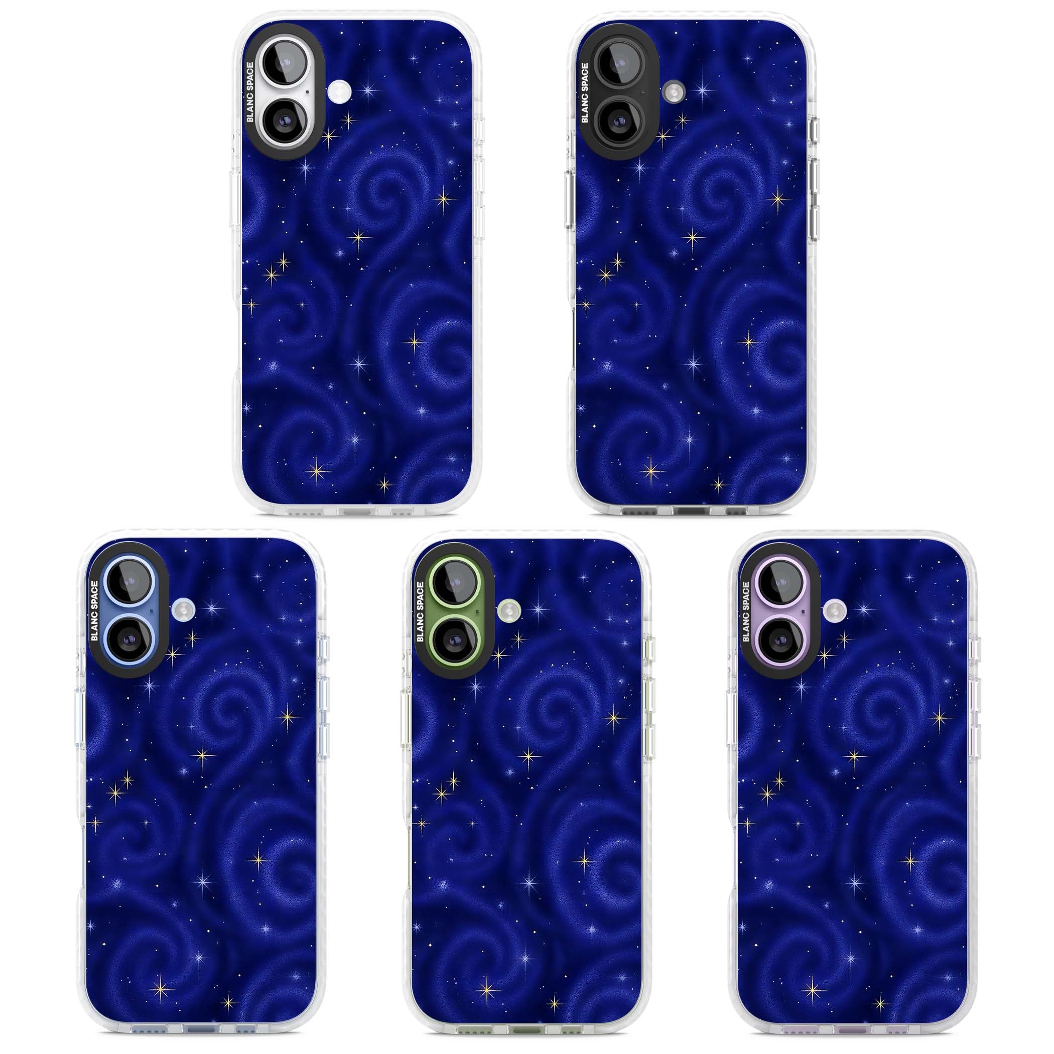 Indigo Cosmos celestial iPhone case featuring swirling navy night sky and sparkling golden stars | Impact Magsafe case for iPhone 17