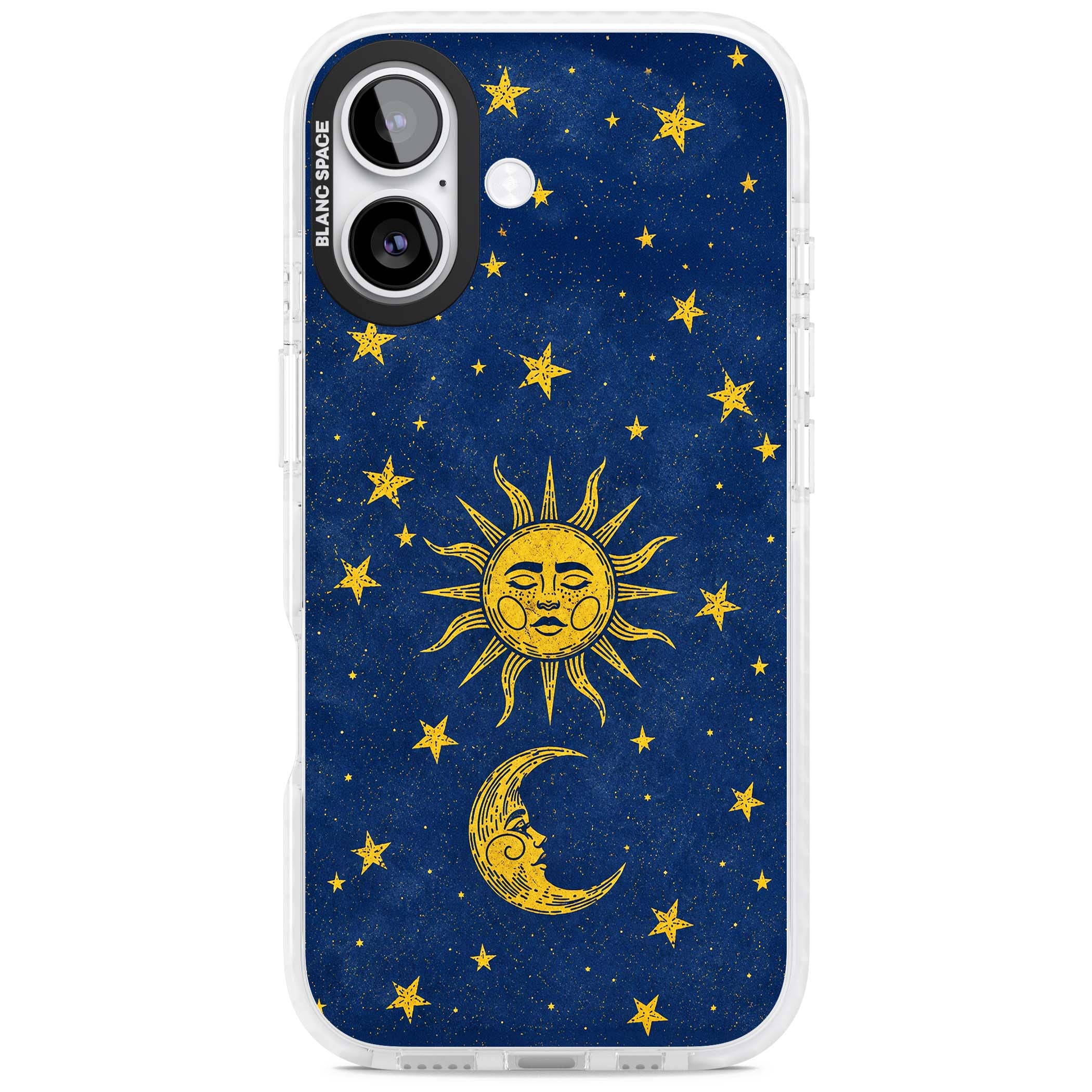 Sun & Moon Reverie celestial iPhone case featuring a vintage golden sun, crescent moon and scattered stars on midnight blue | Impact Magsafe case for iPhone 17