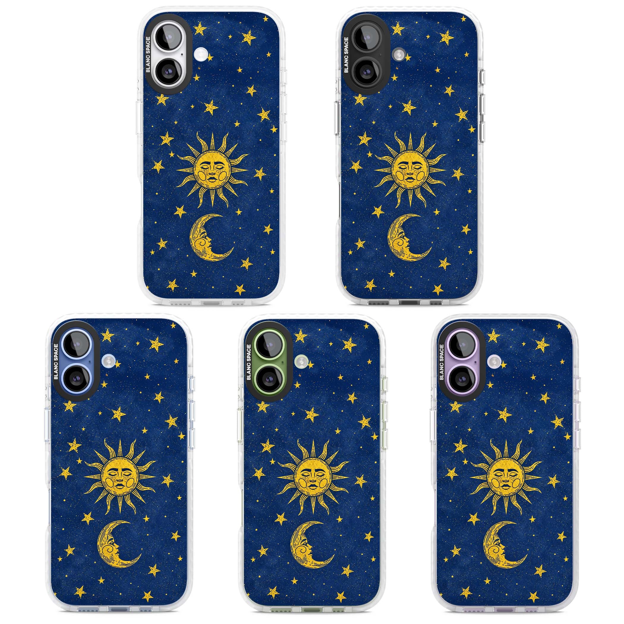 Sun & Moon Reverie celestial iPhone case featuring a vintage golden sun, crescent moon and scattered stars on midnight blue | Impact Magsafe case for iPhone 17