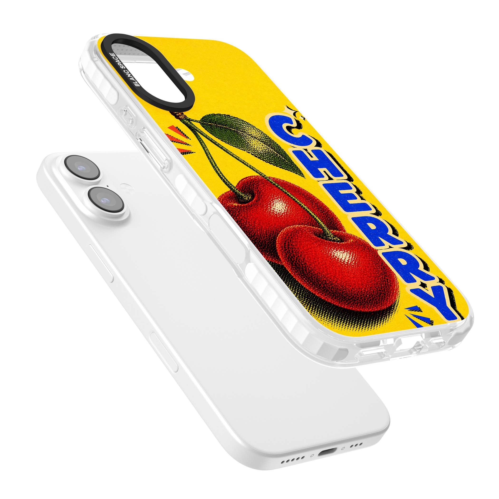 Cherry Yellow y2k iPhone case featuring two red cherries, halftone shading and bold blue CHERRY lettering on yellow | Impact Magsafe case for iPhone 17