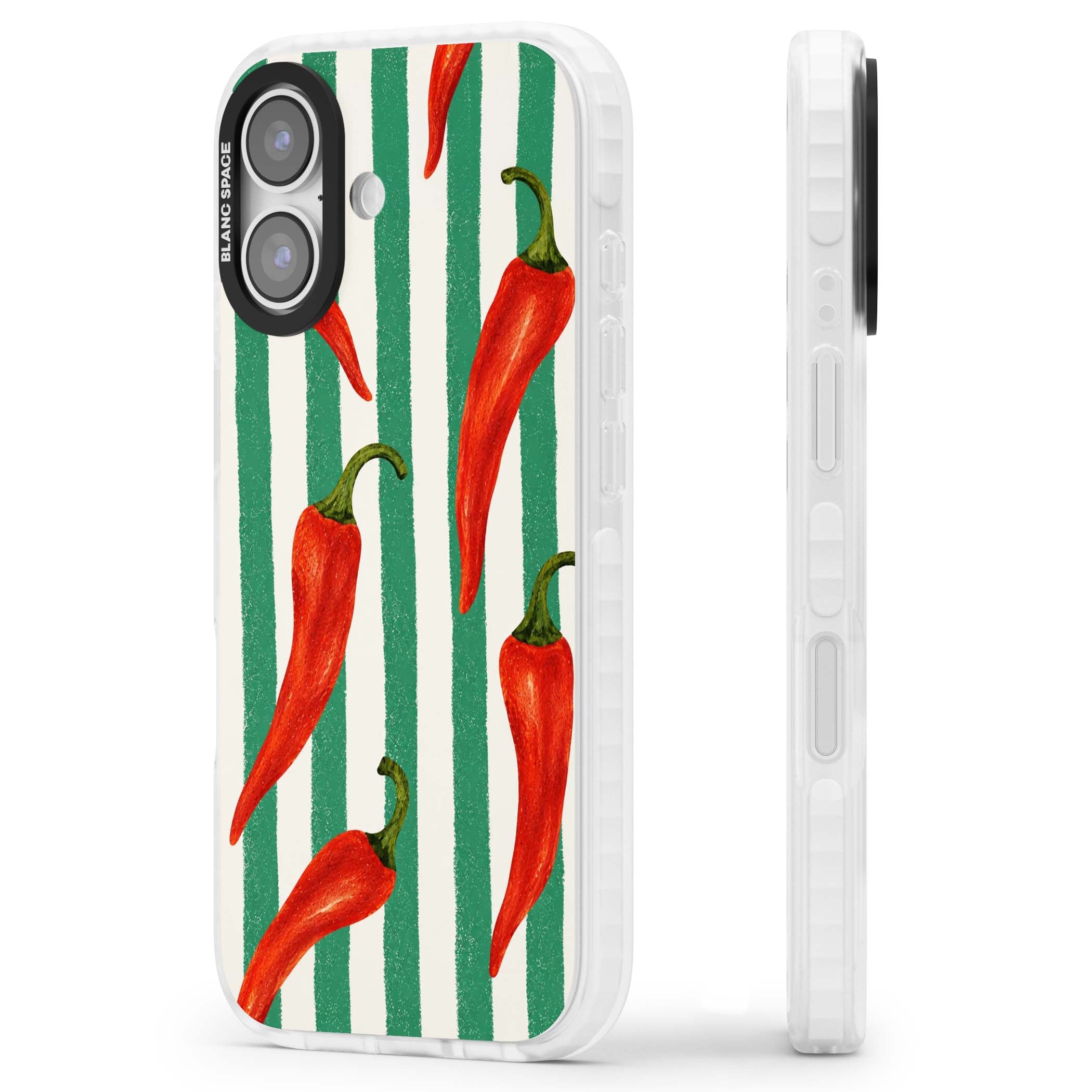 Striped Chillis coastal iPhone case featuring hand-painted red chili peppers on green and cream stripes | Impact Magsafe case for iPhone 17