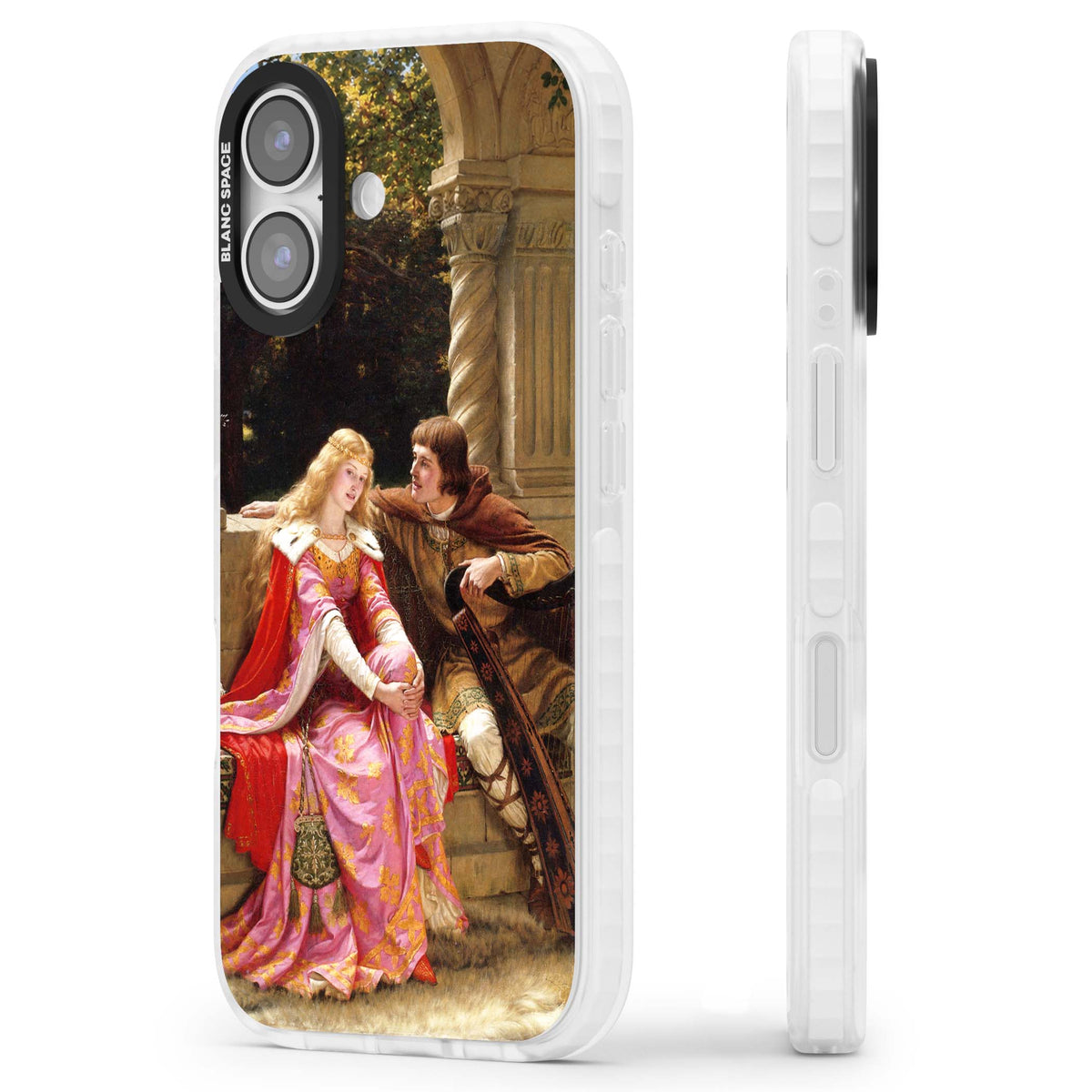 The End of the Song classic art iPhone case featuring a medieval lady in pink gown and her knight in a stone archway | Impact Magsafe case for iPhone 17