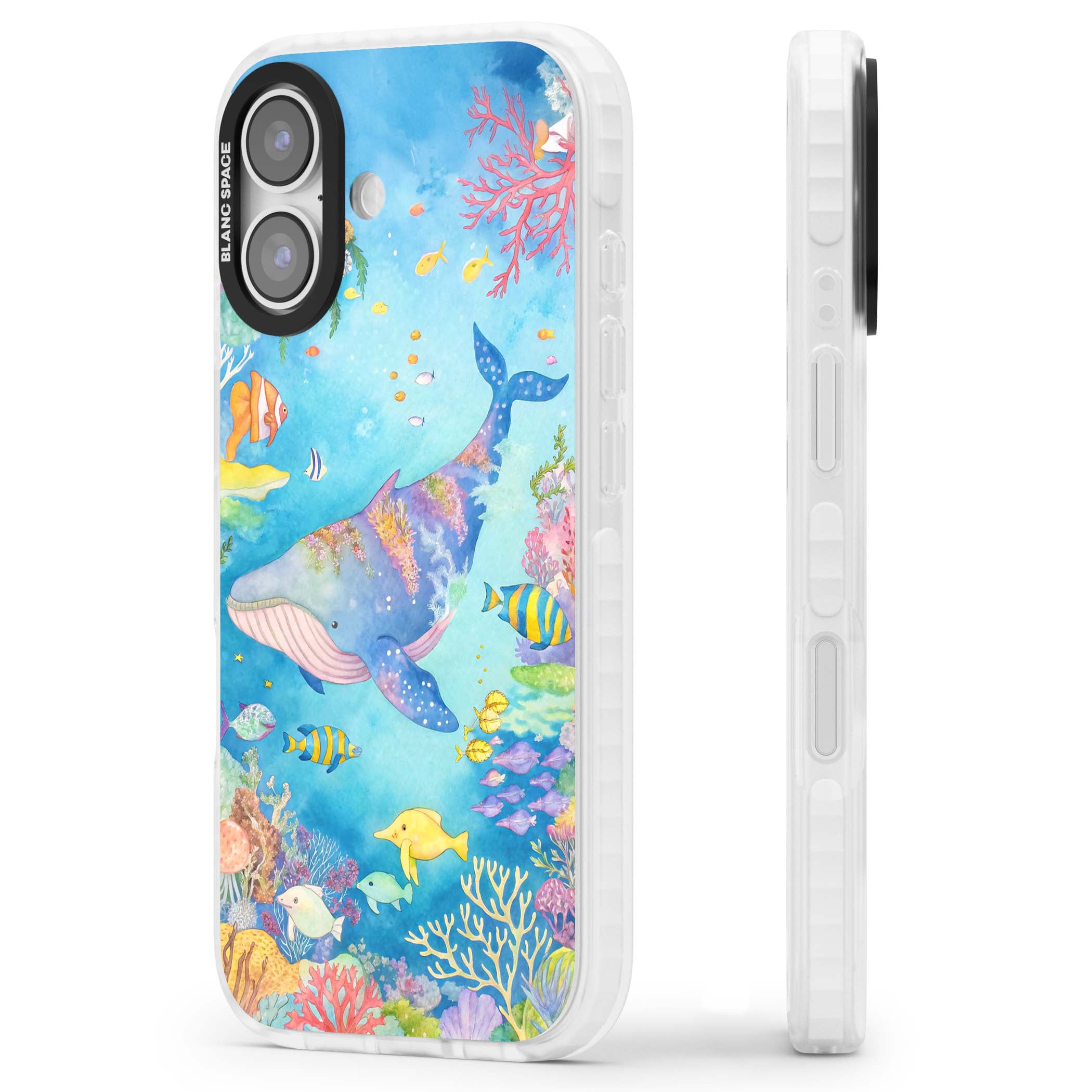 Coral Lagoon ocean iPhone case featuring a watercolour whale, coral reef and tropical fish | Impact Magsafe case for iPhone 17