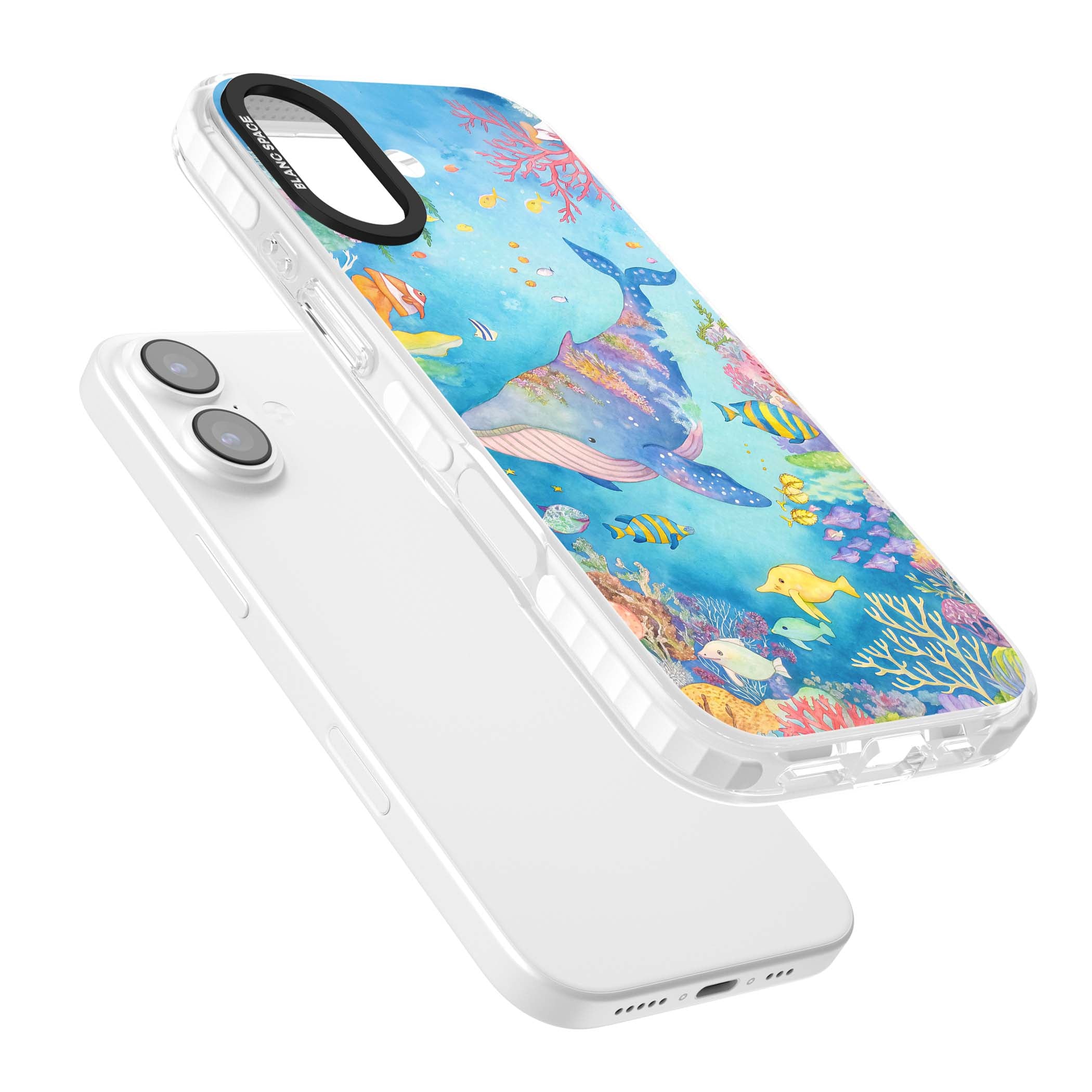 Coral Lagoon ocean iPhone case featuring a watercolour whale, coral reef and tropical fish | Impact Magsafe case for iPhone 17
