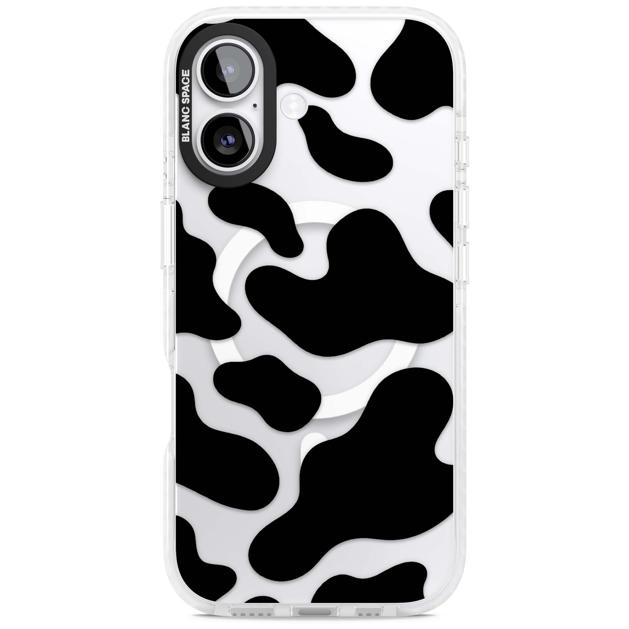 Clear Cow Print cow print iPhone case featuring black and white cow pattern splotches on a clear background | Impact Magsafe case for iPhone 17