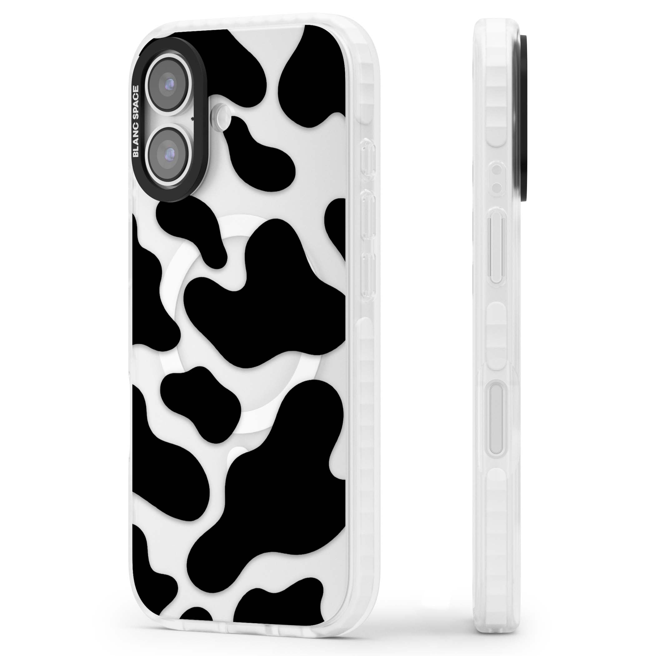 Clear Cow Print cow print iPhone case featuring black and white cow pattern splotches on a clear background | Impact Magsafe case for iPhone 17