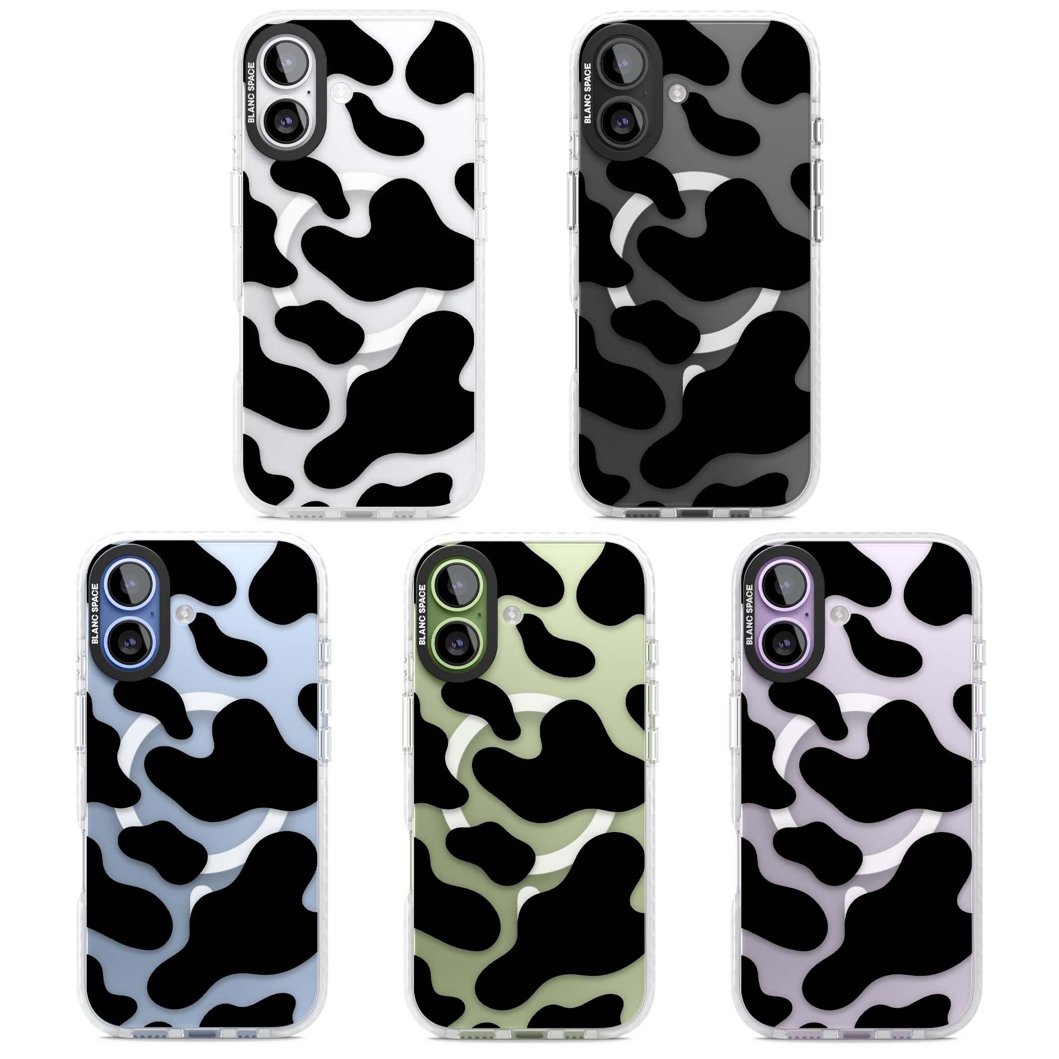 Clear Cow Print cow print iPhone case featuring black and white cow pattern splotches on a clear background | Impact Magsafe case for iPhone 17