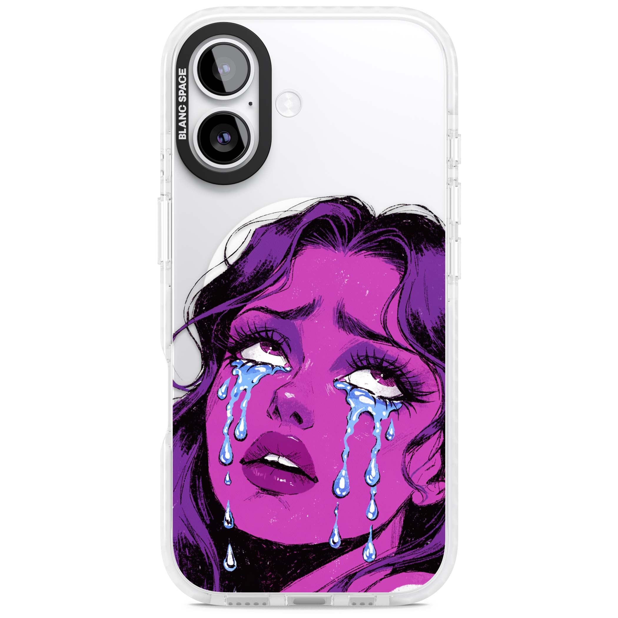 Drama Queen pop art iPhone case featuring a purple crying comic girl with blue tears | Impact Magsafe case for iPhone 17