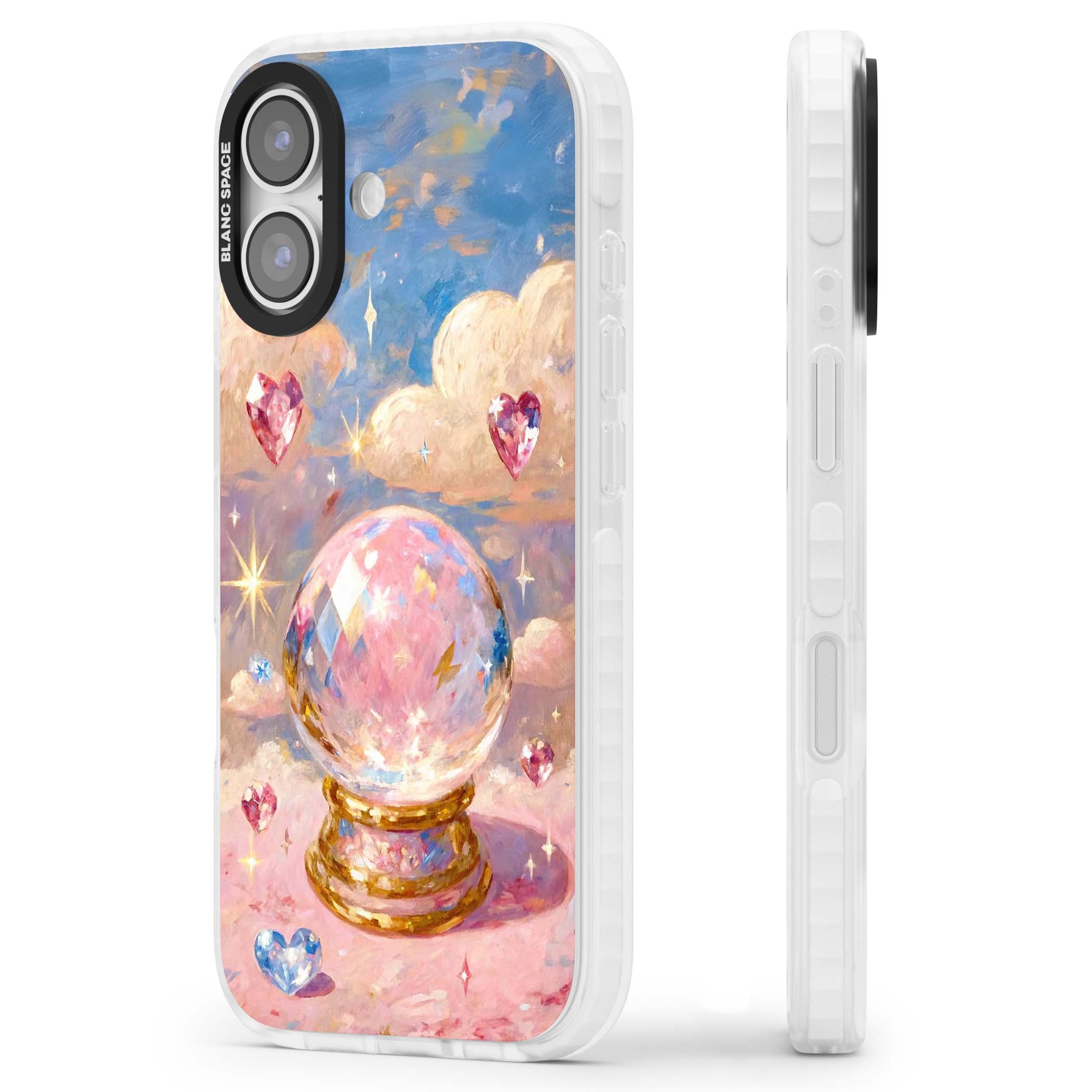Crystal Ball fairycore iPhone case featuring a painted crystal ball, heart gemstones, and pastel clouds | Impact Magsafe case for iPhone 17