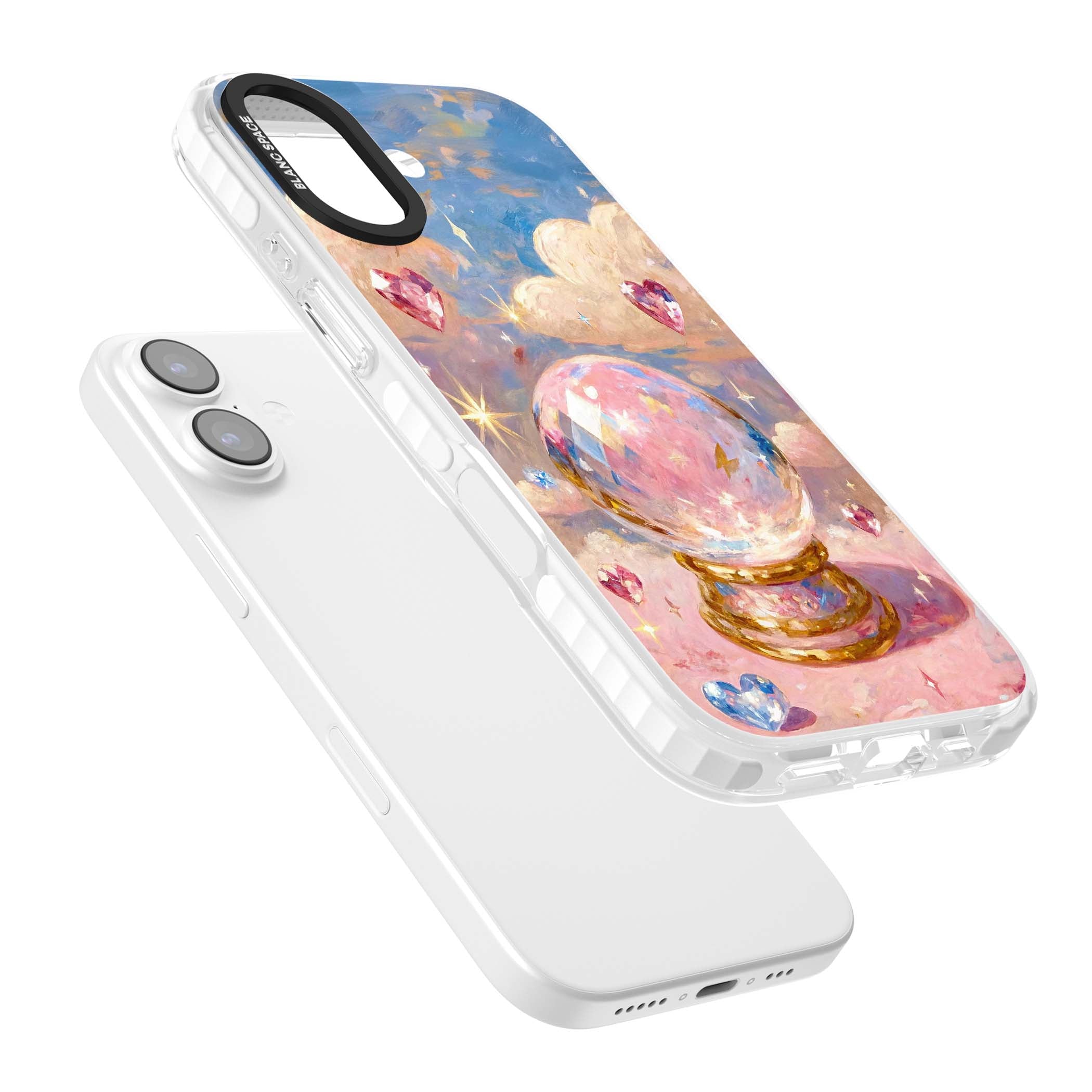 Crystal Ball fairycore iPhone case featuring a painted crystal ball, heart gemstones, and pastel clouds | Impact Magsafe case for iPhone 17