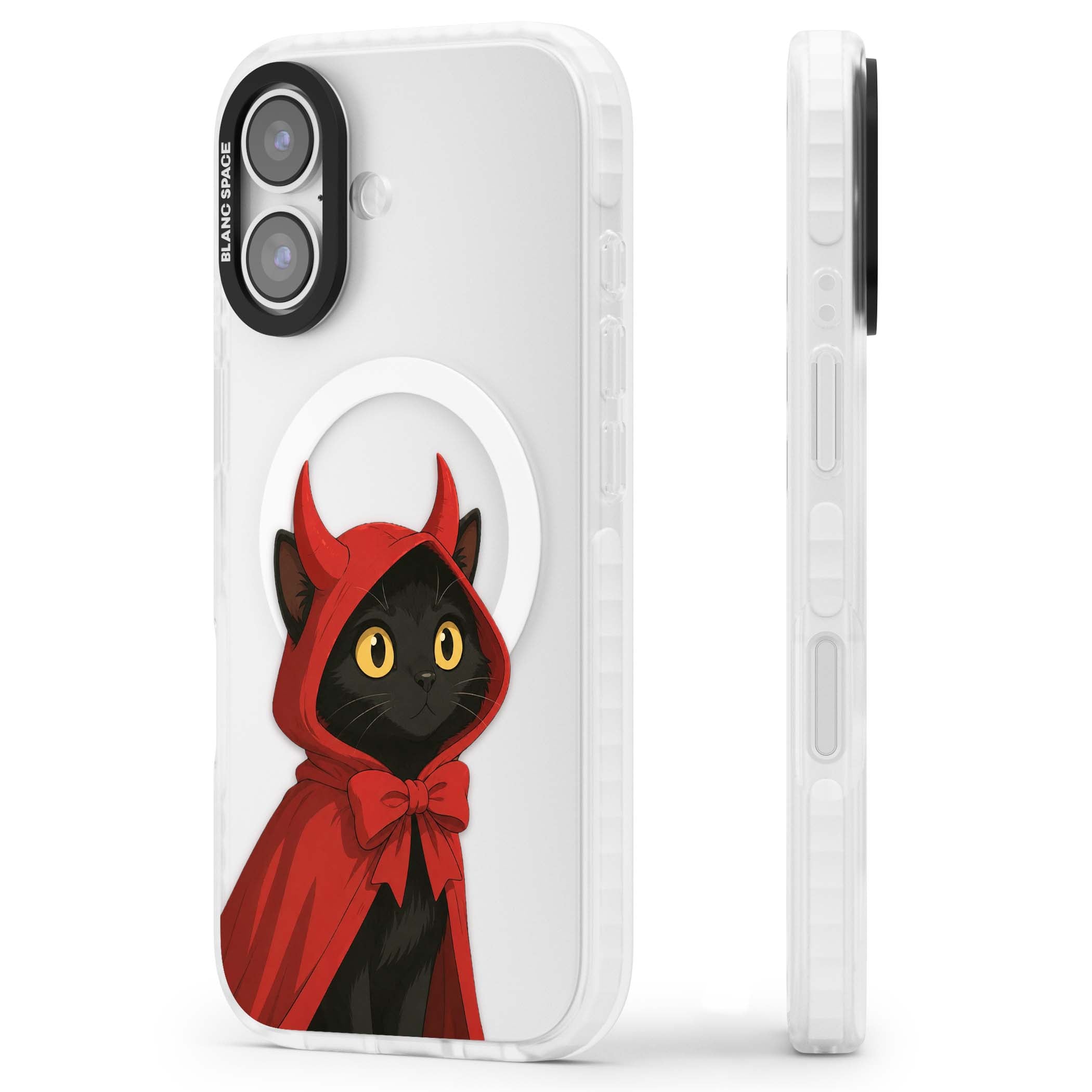 Little Devil halloween iPhone case featuring a black cat in a red hooded devil cloak with horns and golden eyes | Impact Magsafe case for iPhone 17