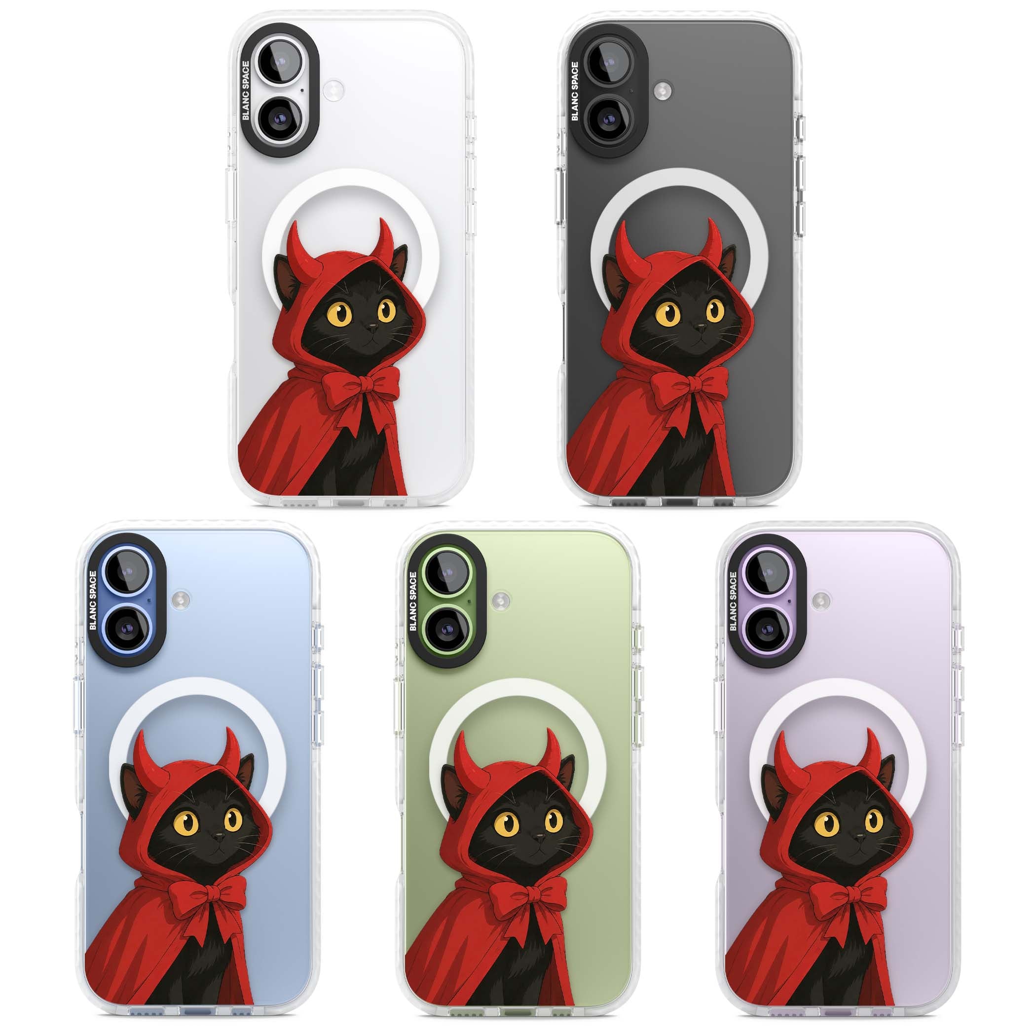 Little Devil halloween iPhone case featuring a black cat in a red hooded devil cloak with horns and golden eyes | Impact Magsafe case for iPhone 17