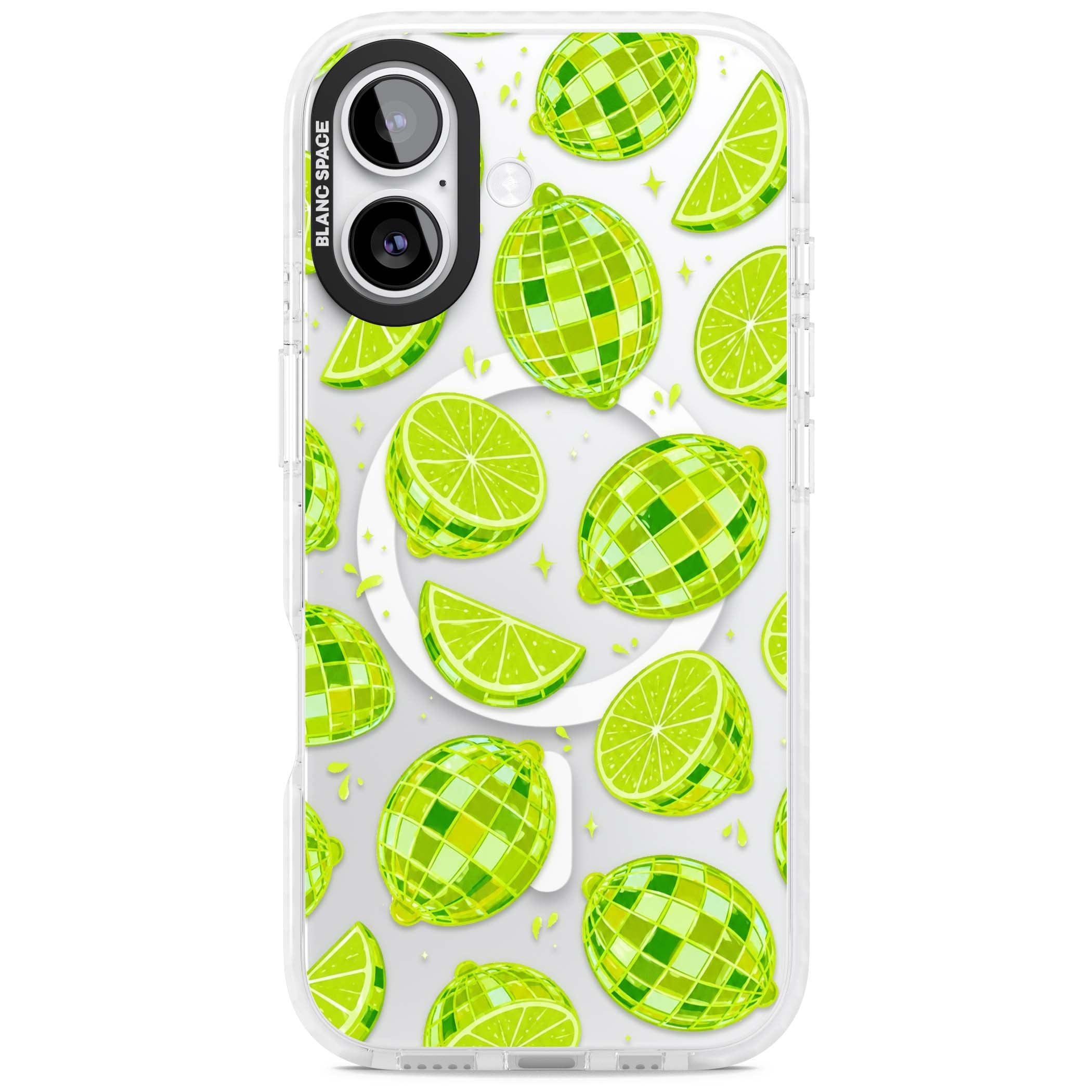 Disco Limes fruit aesthetic iPhone case featuring green disco balls, lime slices and citrus sparkles | Impact Magsafe case for iPhone 17