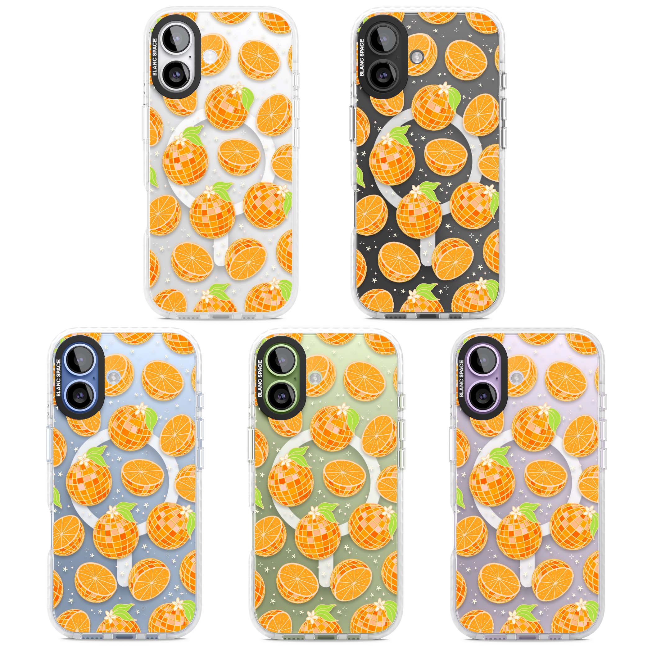 Disco Oranges retro iPhone case featuring mirrorball oranges, citrus slices and tiny blossoms on clear | Impact Magsafe case for iPhone 17