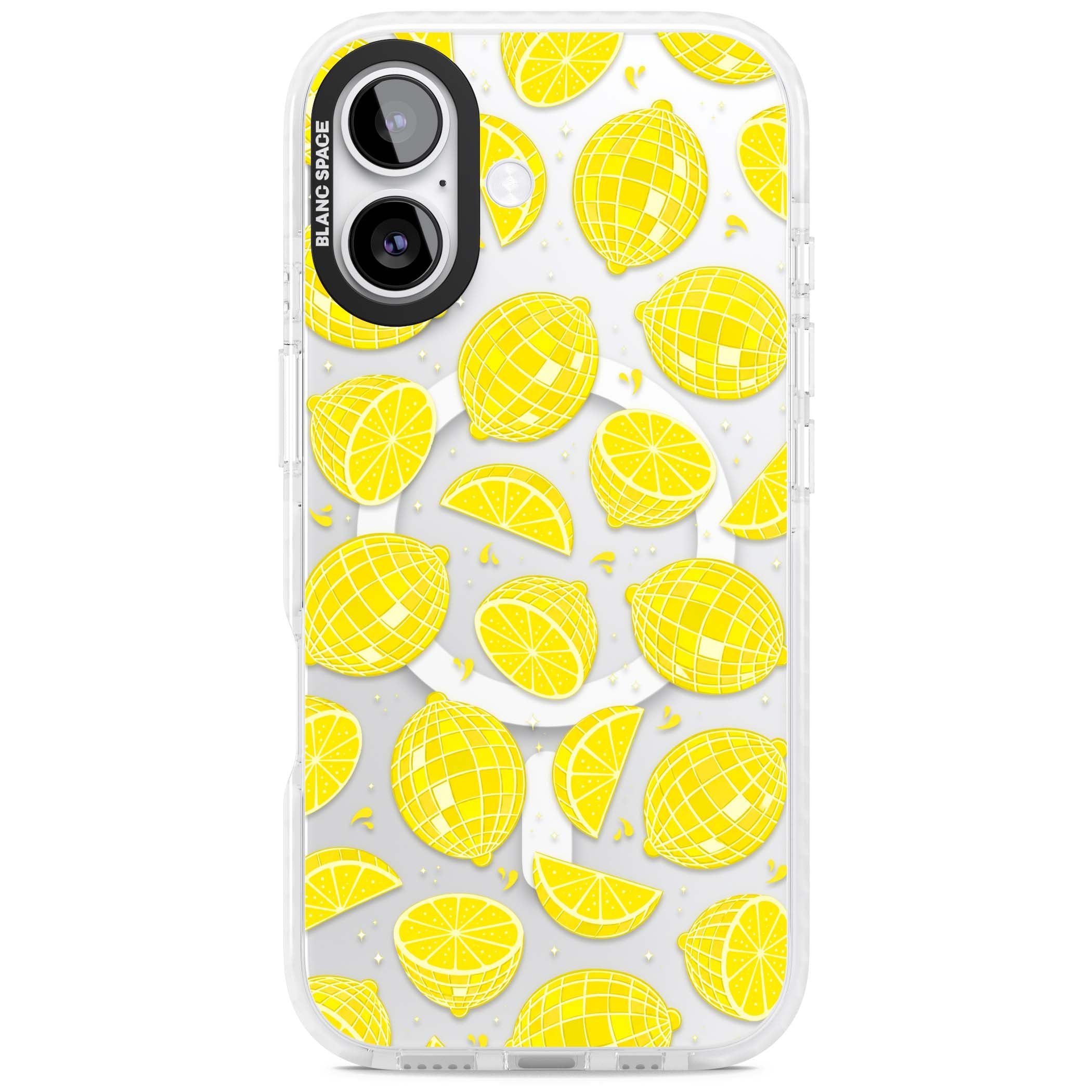 Disco Lemons citrus iPhone case featuring mirrorball lemons, sliced fruit and sparkle accents | Impact Magsafe case for iPhone 17