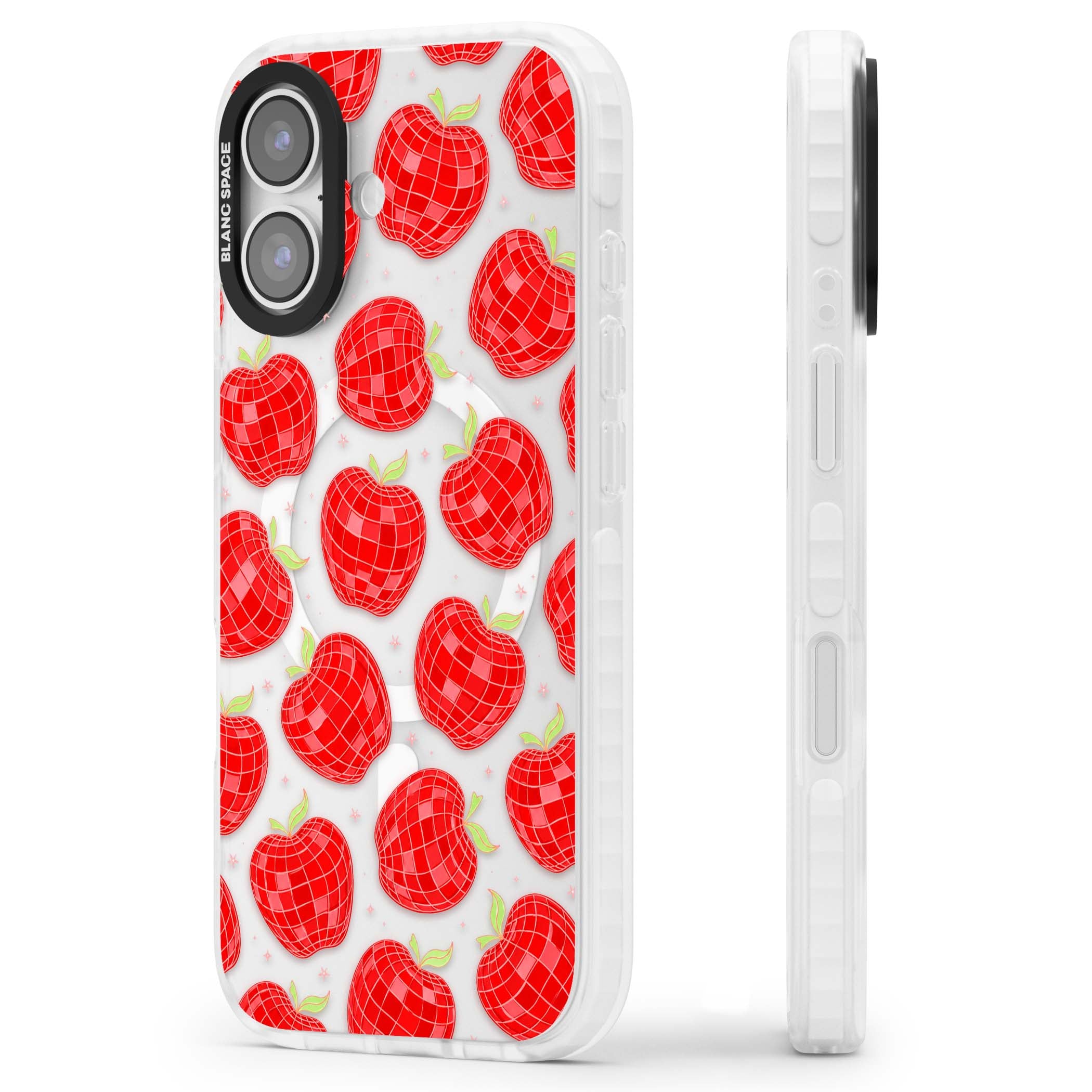 Disco Apples Y2K iPhone case featuring red disco ball apples, green leaves and pink sparkles on clear | Impact Magsafe case for iPhone 17
