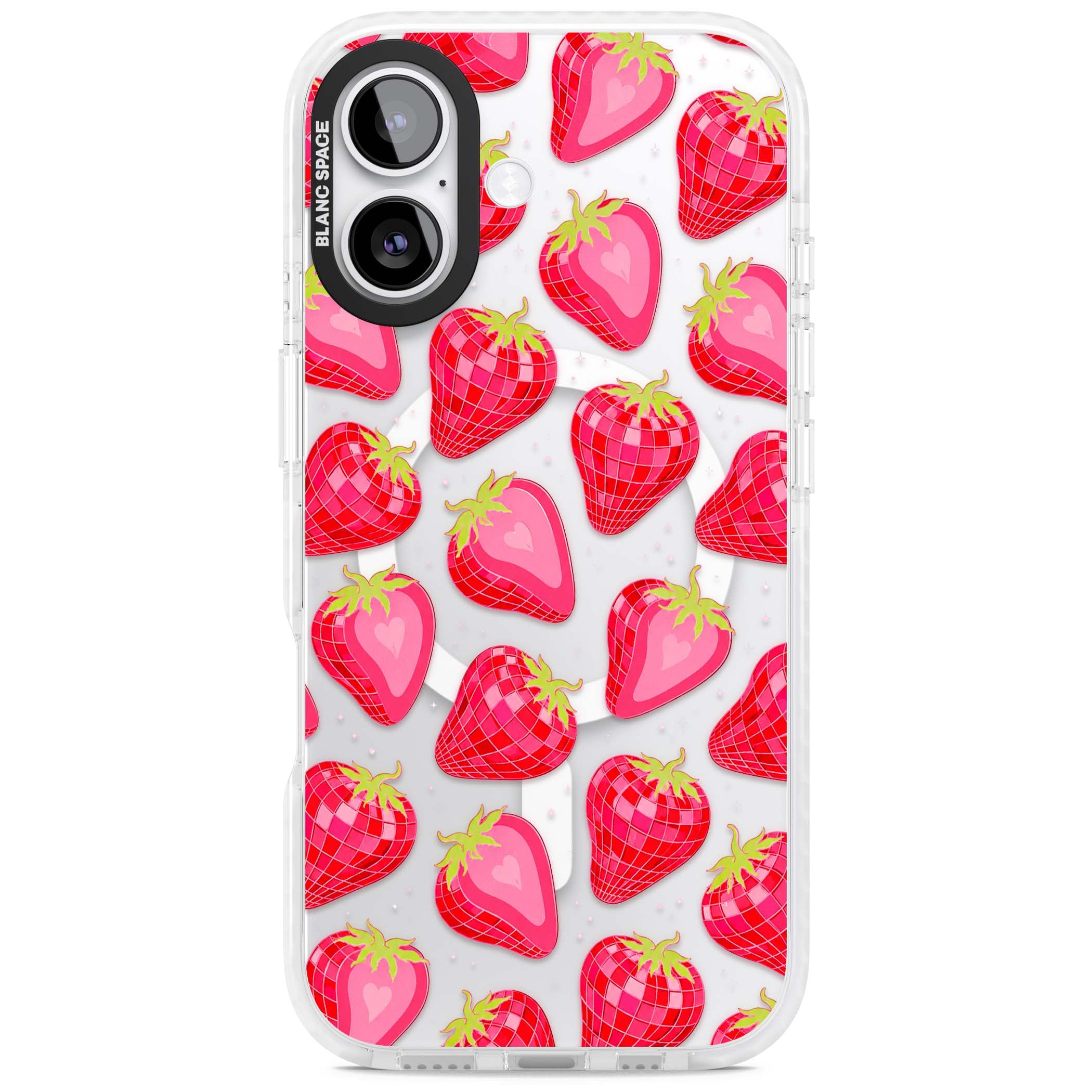 Disco Strawberry Y2K iPhone case featuring pink disco-ball strawberries, green leaves and tiny sparkles | Impact Magsafe case for iPhone 17