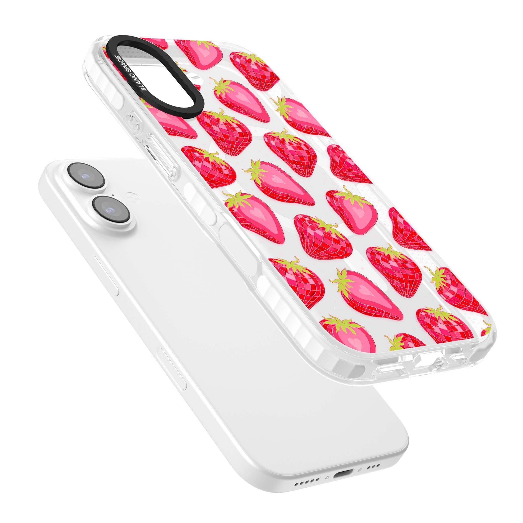 Disco Strawberry Y2K iPhone case featuring pink disco-ball strawberries, green leaves and tiny sparkles | Impact Magsafe case for iPhone 17