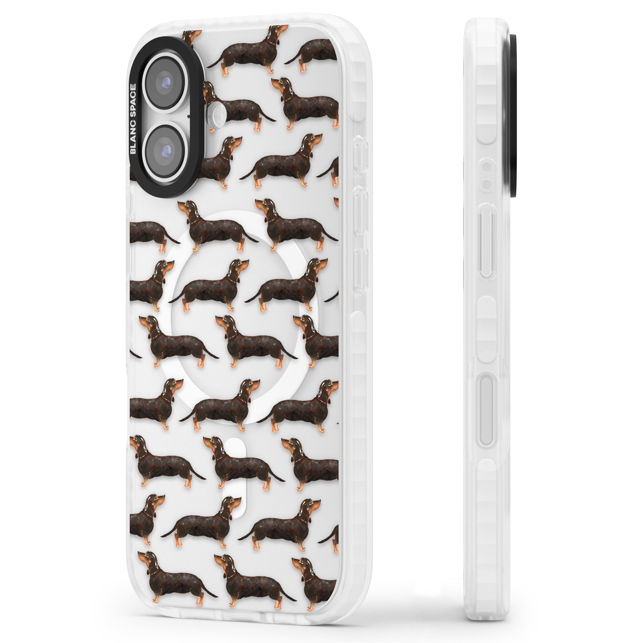 Dachshund Pattern Black Tan iPhone 17 Impact Pro Clear Phone Case Side Profile
