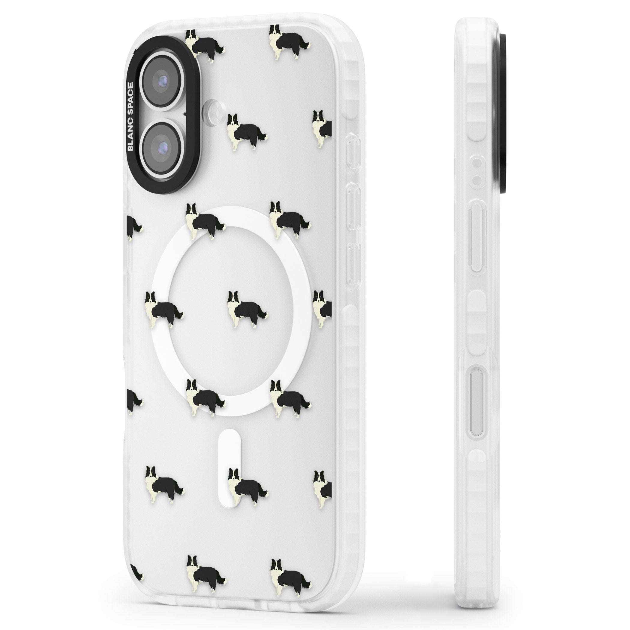 Border Collie Pattern Clear iPhone 17 Impact Pro Clear Phone Case Side Profile