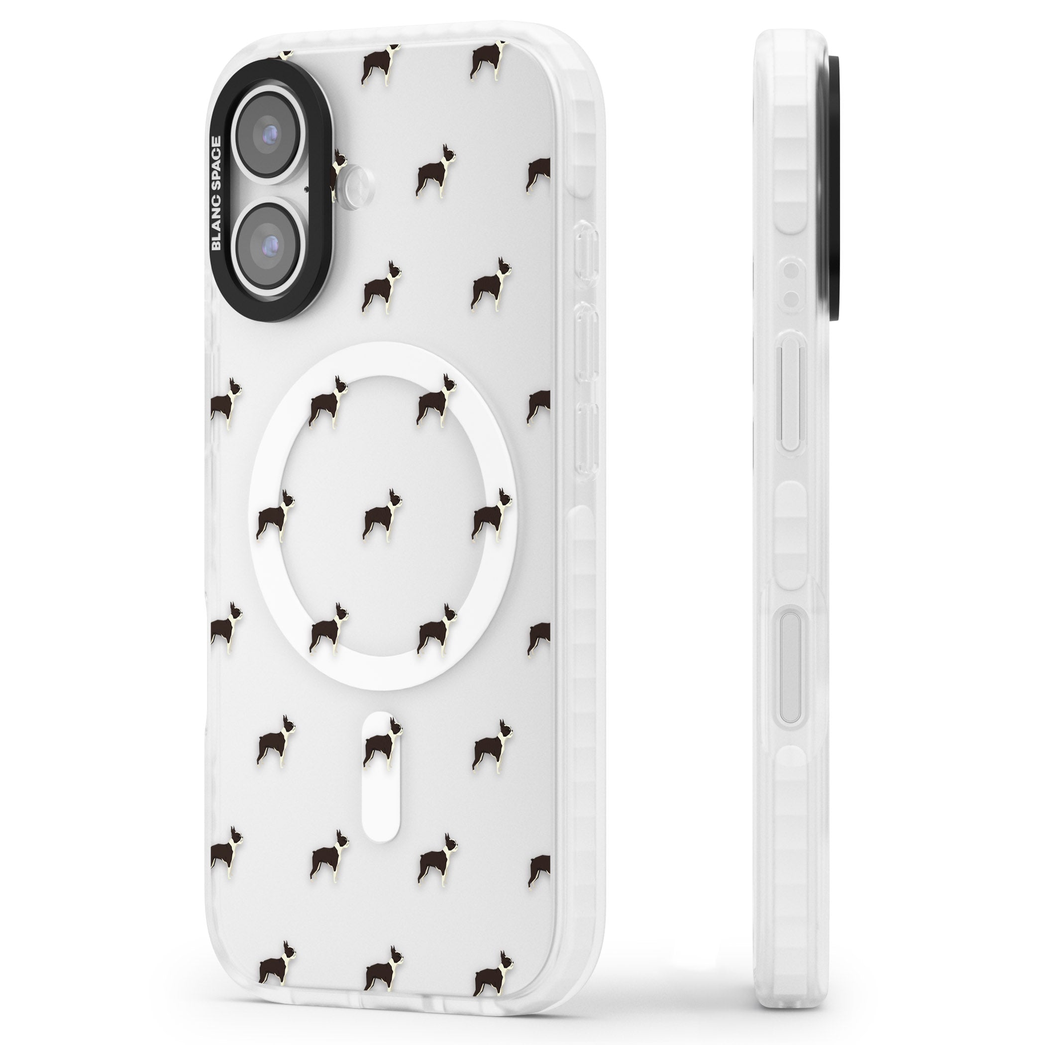 Boston Terrier Pattern iPhone 17 Impact Pro Clear Phone Case Side Profile